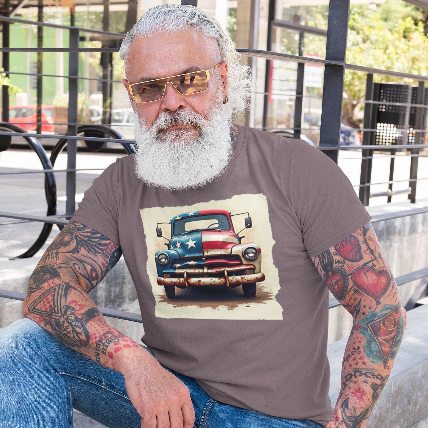Classic American Flag Truck T-Shirt – Vintage Patriotic Style