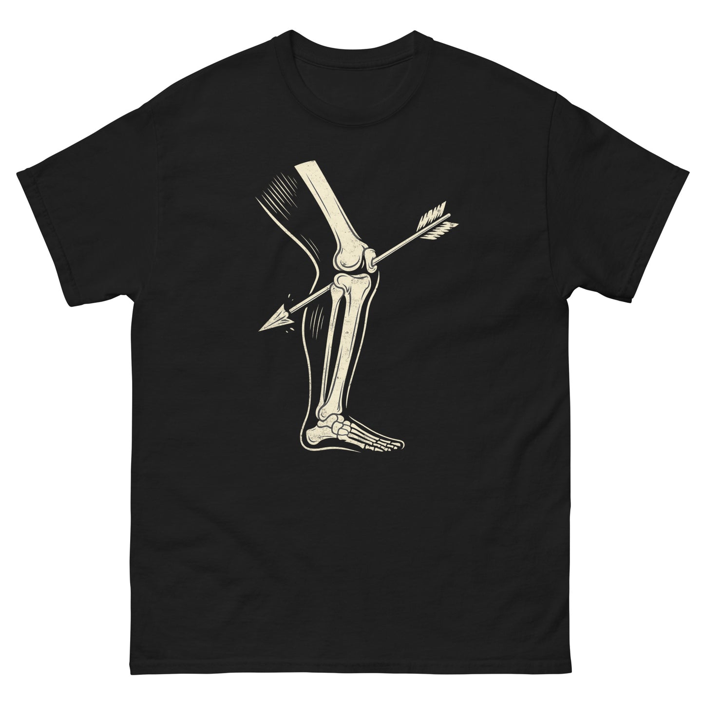Black funny gamer shirt with retro skeleton knee and arrow graphic for Skyrim meme fans