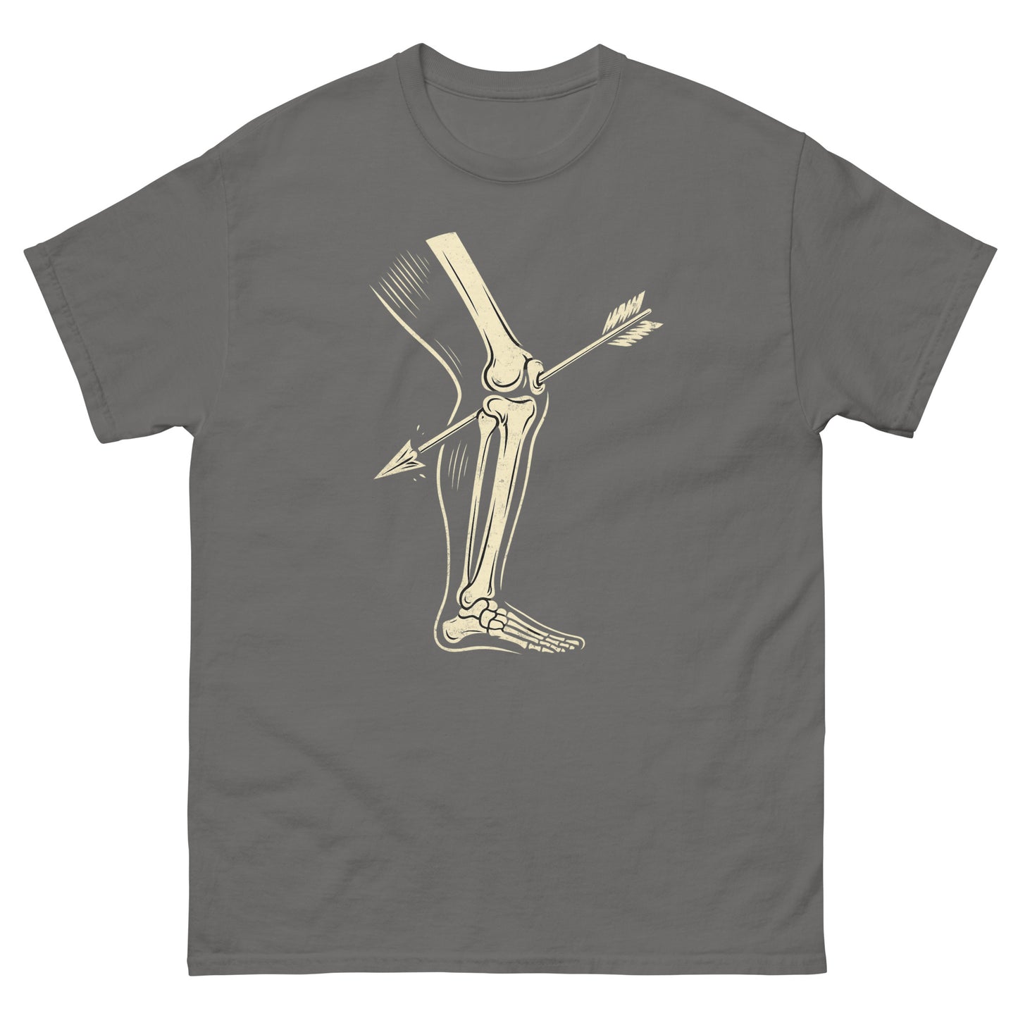 Charcoal funny gaming shirt with arrow-through-knee design inspired by fantasy games
