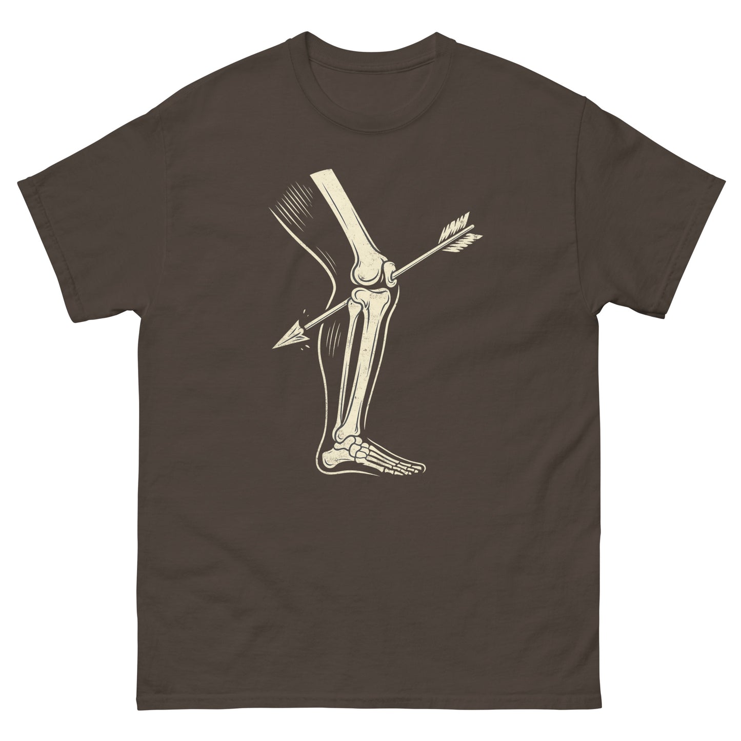 Dark chocolate Skyrim-themed humor shirt with classic “arrow to the knee” artwork