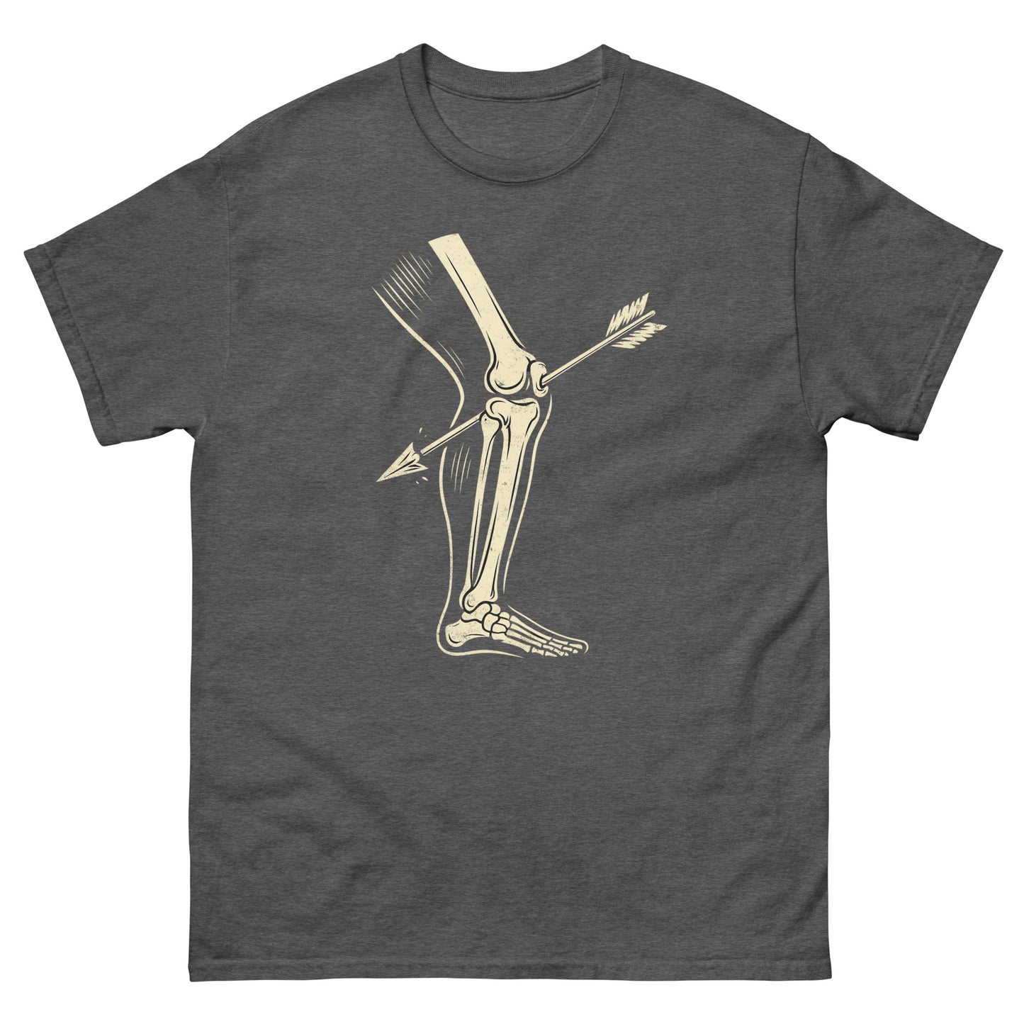Dark heather Skyrim fan tee with stylized bone and arrow gag from gamer culture