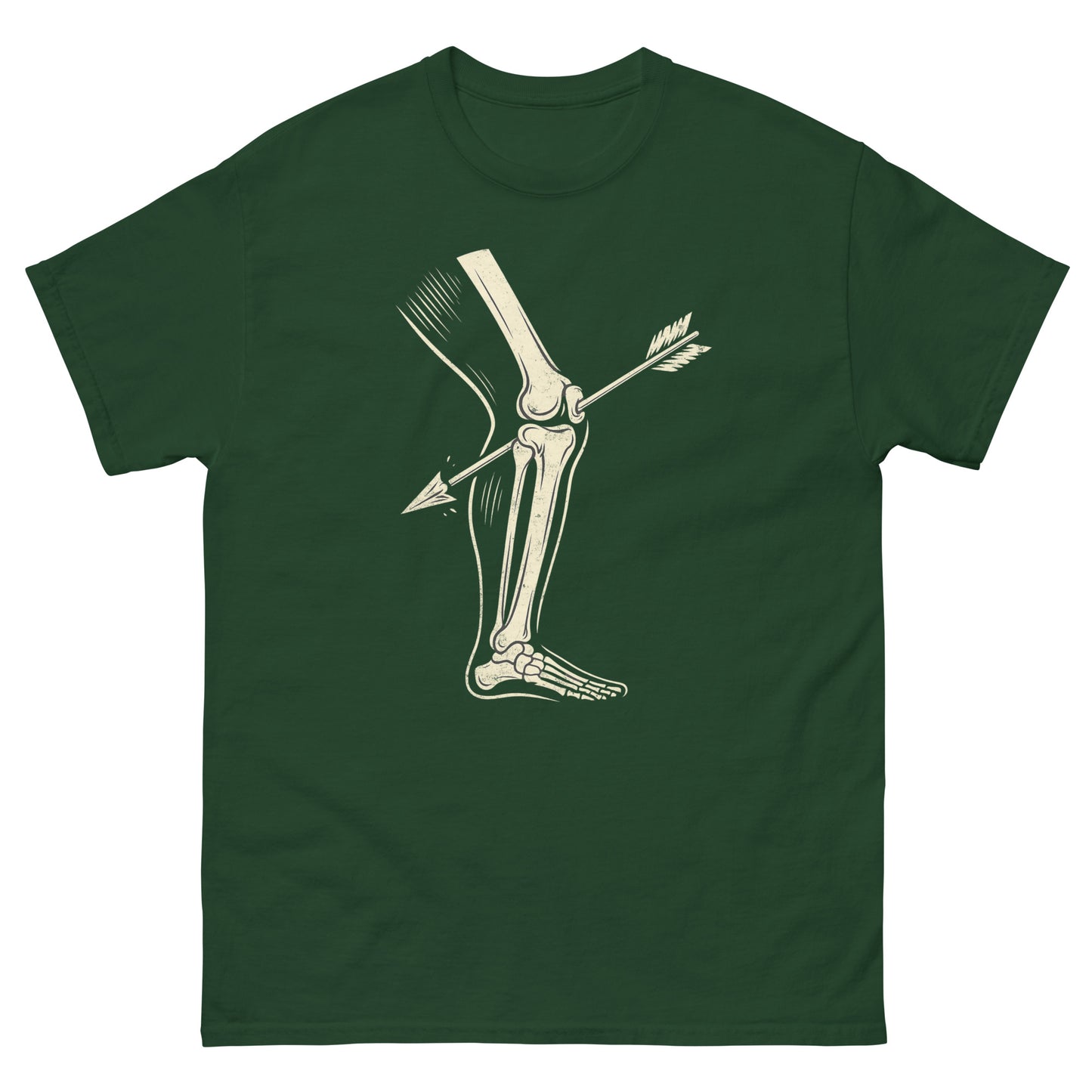 Forest green video game t-shirt with bold bone and arrow sketch for nostalgic RPG fans