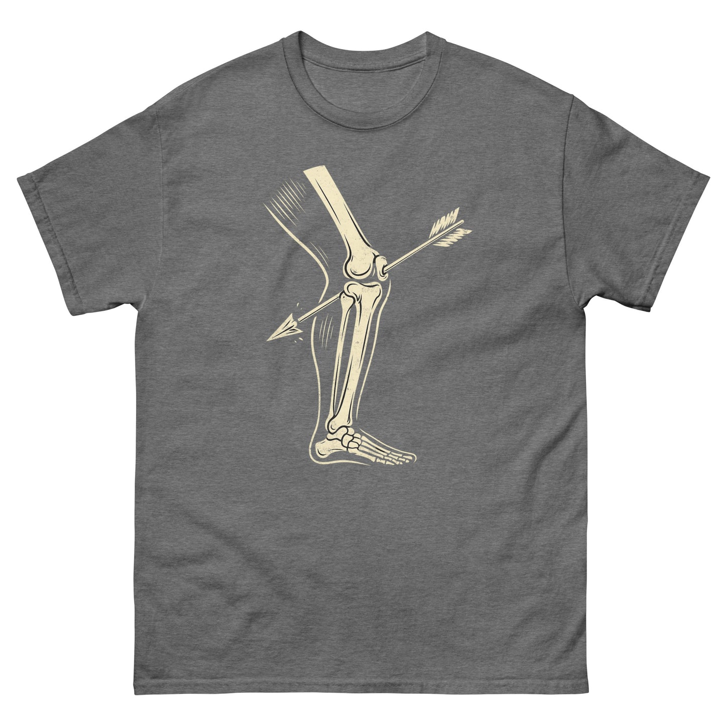 Graphite heather video game humor shirt with stylized bone and arrow design for RPG fans