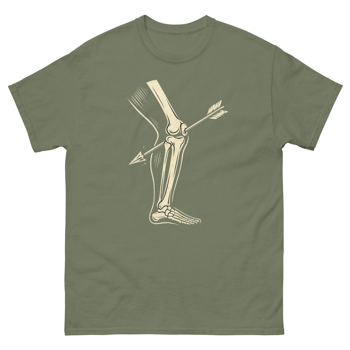 Military green shirt with minimalist arrow to the knee gamer joke and vintage bone sketch