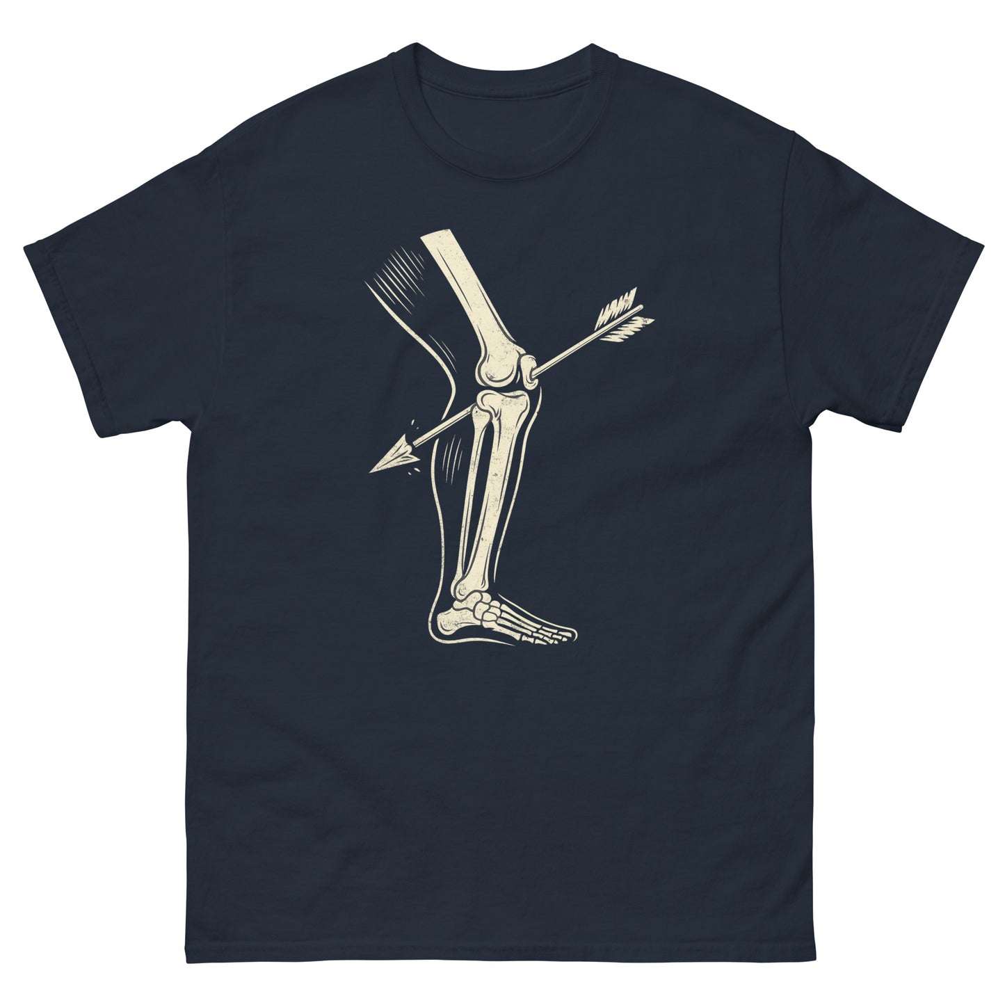 Navy blue RPG meme shirt with vintage skeleton knee and arrow design for video game lovers
