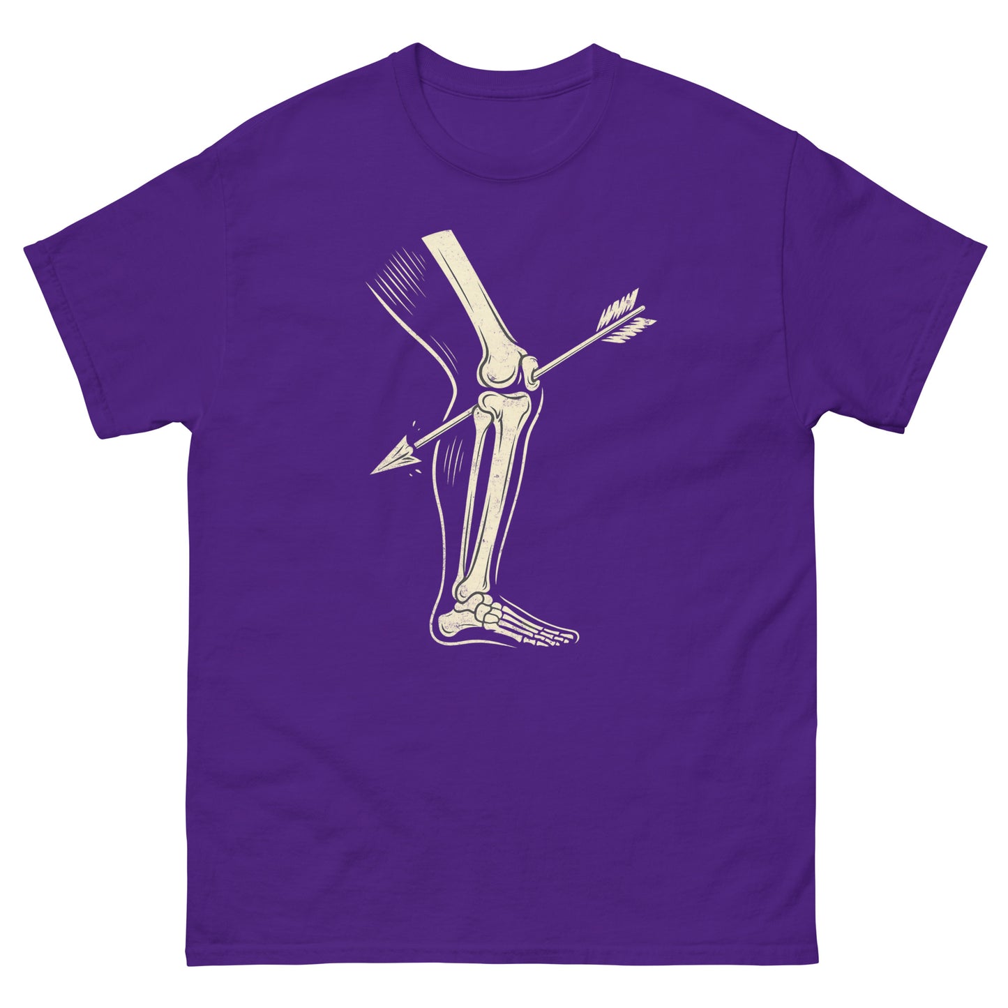 Purple gamer tee with arrow-in-the-knee joke from classic gaming memes in retro style