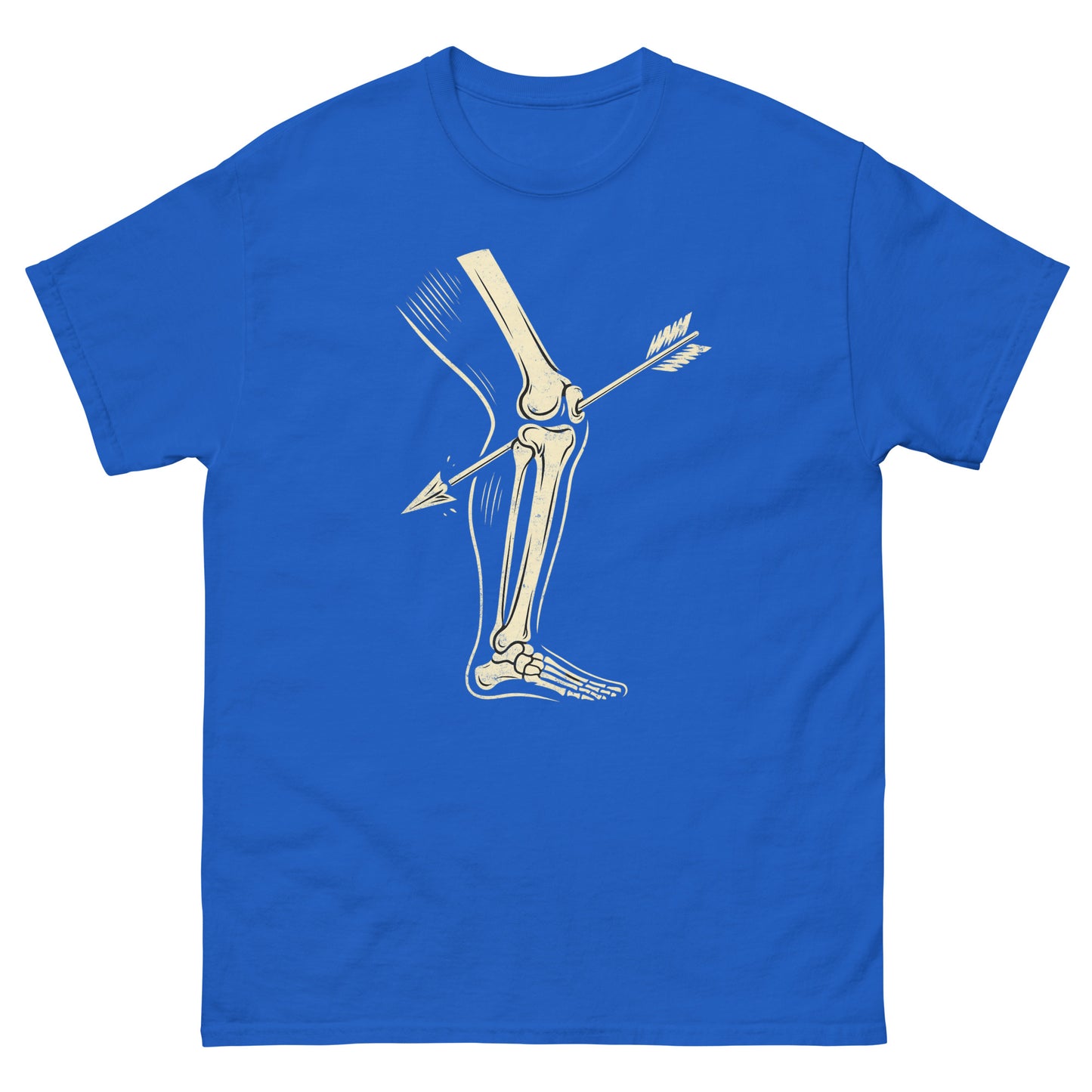 Royal blue gaming nerd shirt featuring funny retro bone graphic and arrow-in-knee meme reference