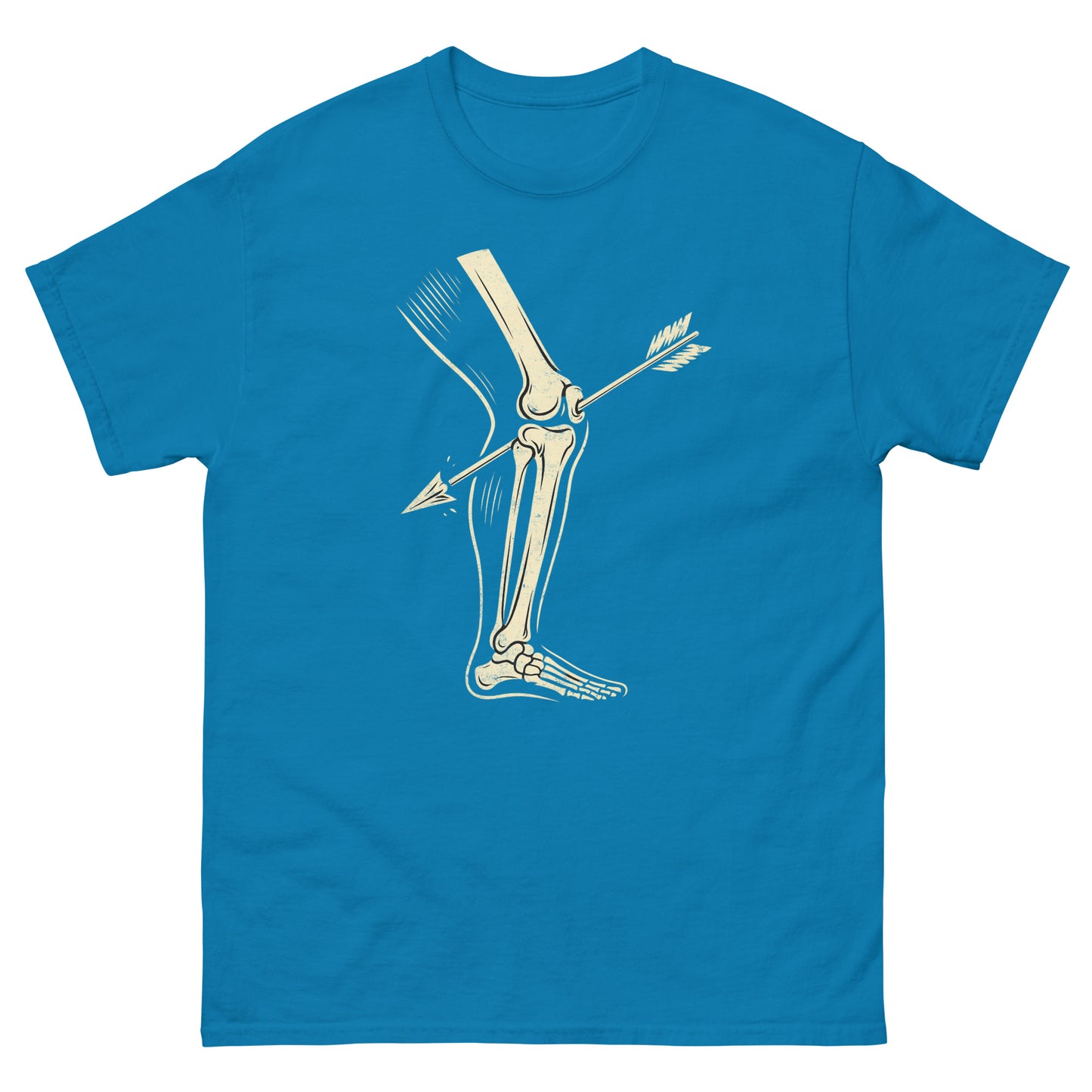 Sapphire blue tee with classic meme of skeleton knee pierced by arrow for gamer audience