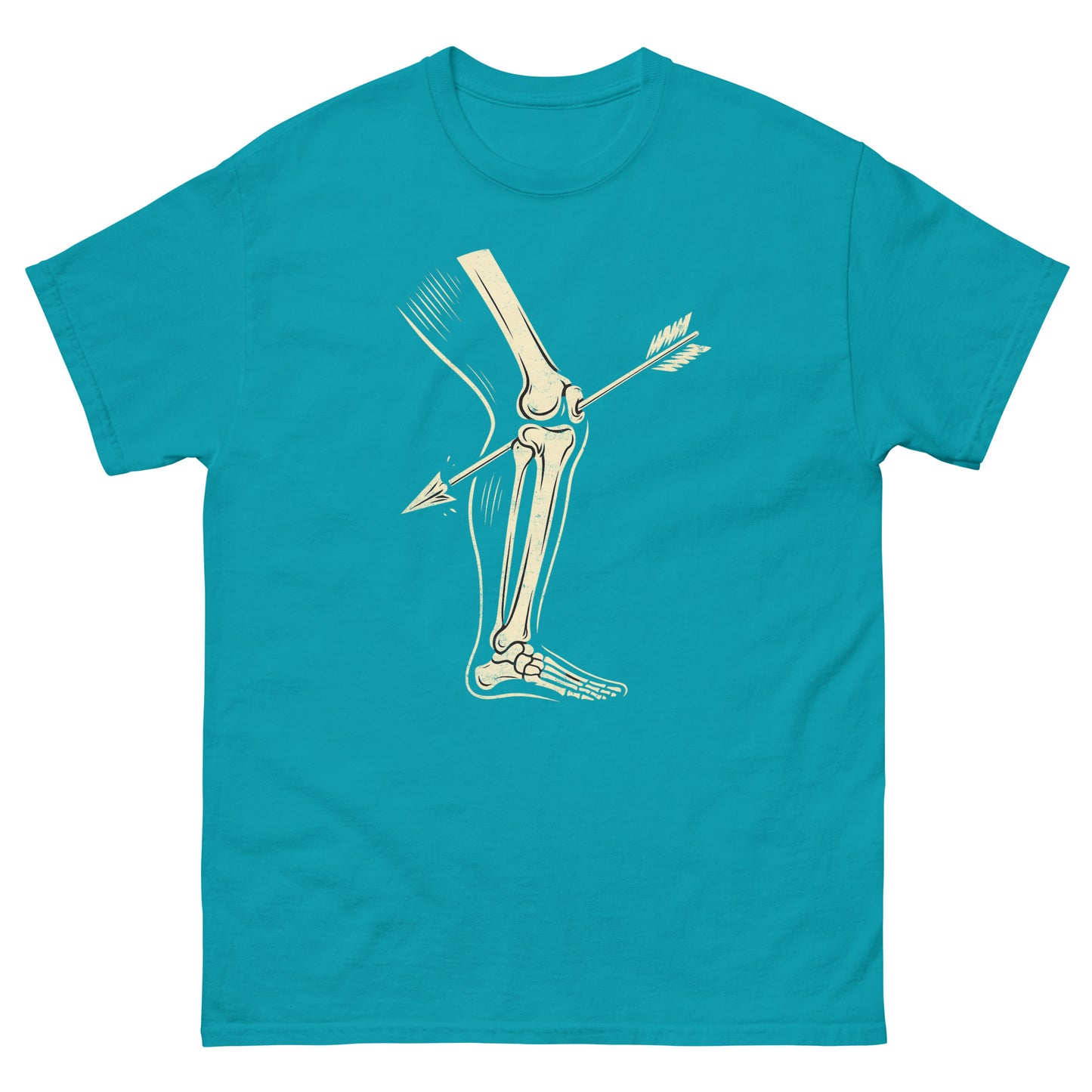 Tropical blue retro gamer tee with vintage skeleton knee and arrow detail for Skyrim fans