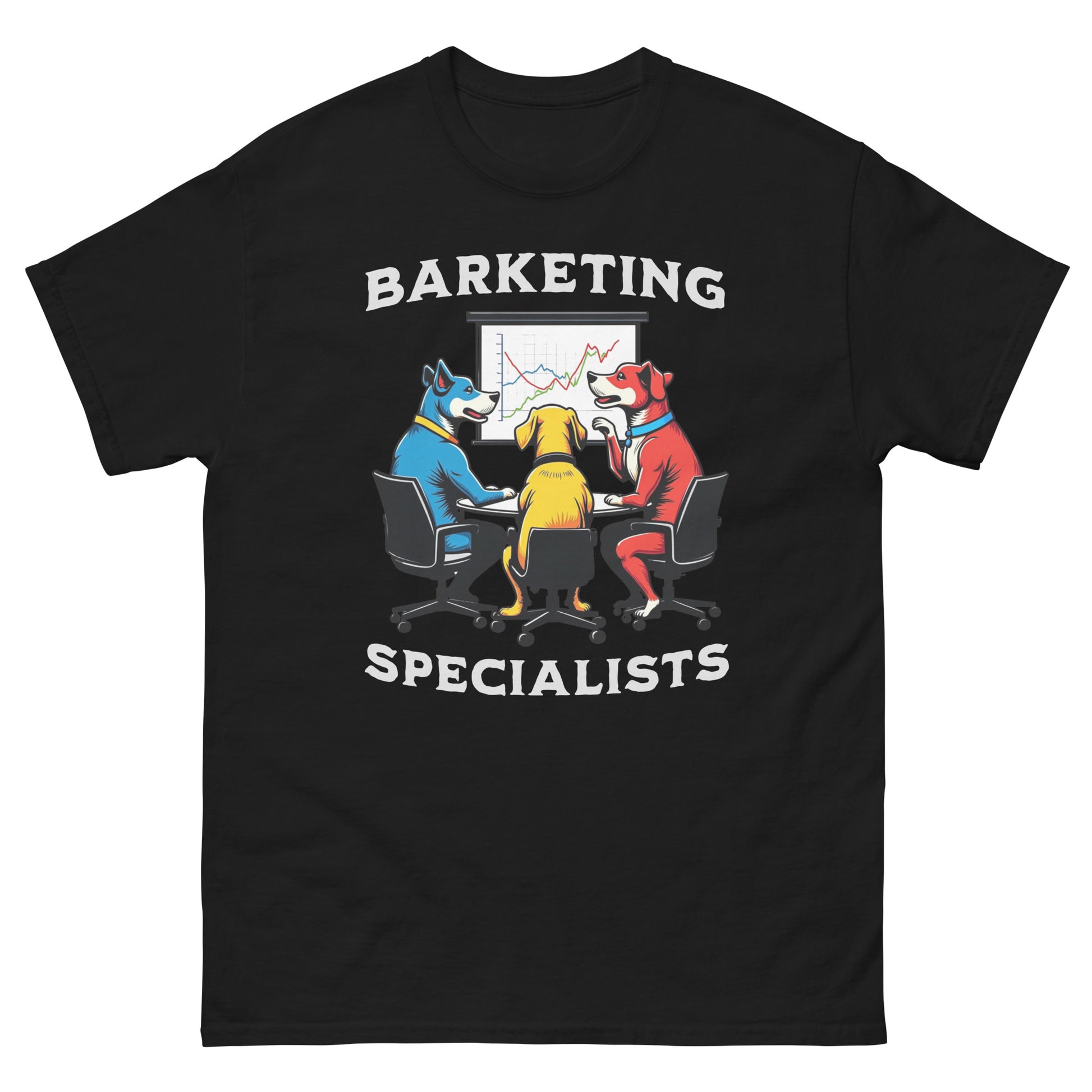 Black dog lover marketing team t-shirt with Barketing Specialists cartoon office dogs graphic