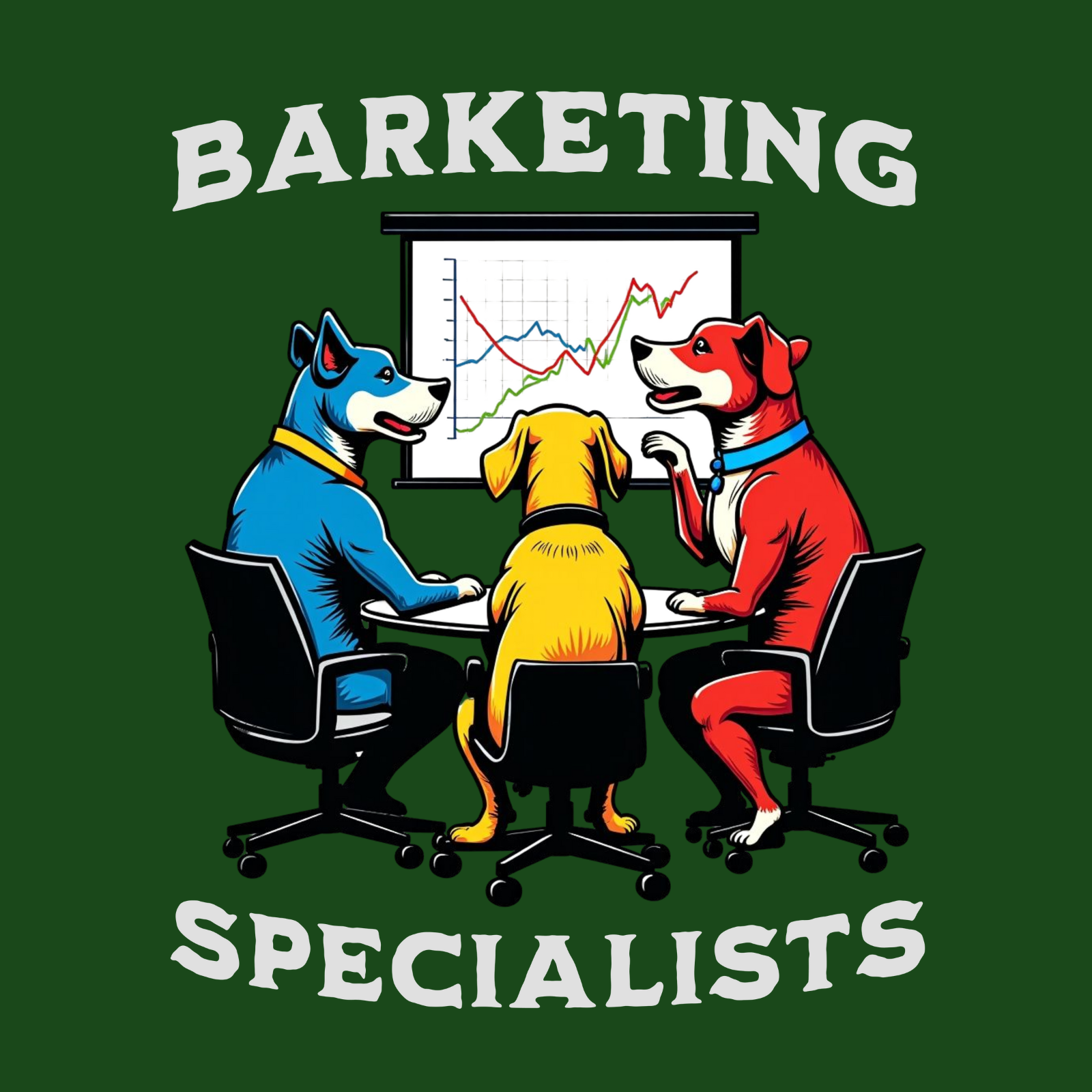 Close-up of Barketing Specialists dog marketing graphic with three dogs in office chairs presenting a chart