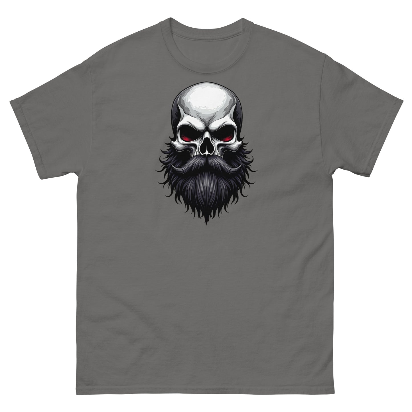 Charcoal t-shirt with gothic skull face and full black beard graphic art