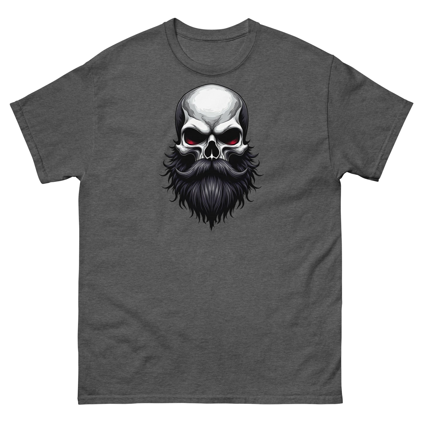 Dark heather t-shirt with Bearded Till Death skull logo for barbers, tattoo fans, or bearded guys