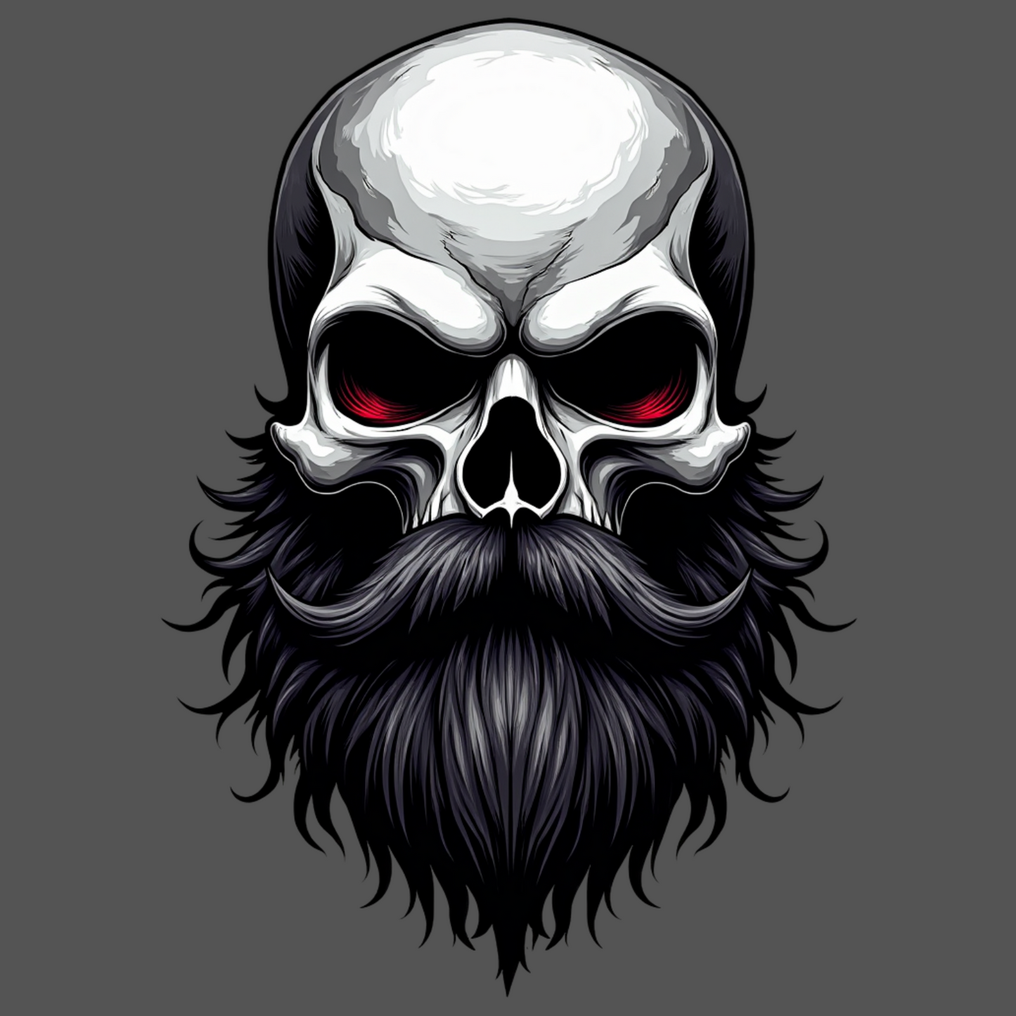 Close-up of skull with full black beard and red eyes on bold “Bearded Till Death” t-shirt design