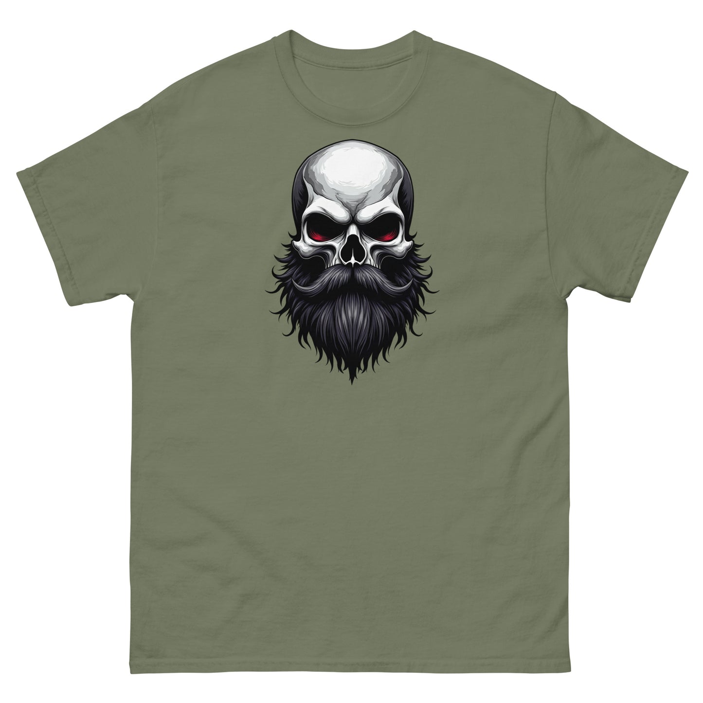 Military green edgy t-shirt for bearded men with skull graphic and strong masculine theme
