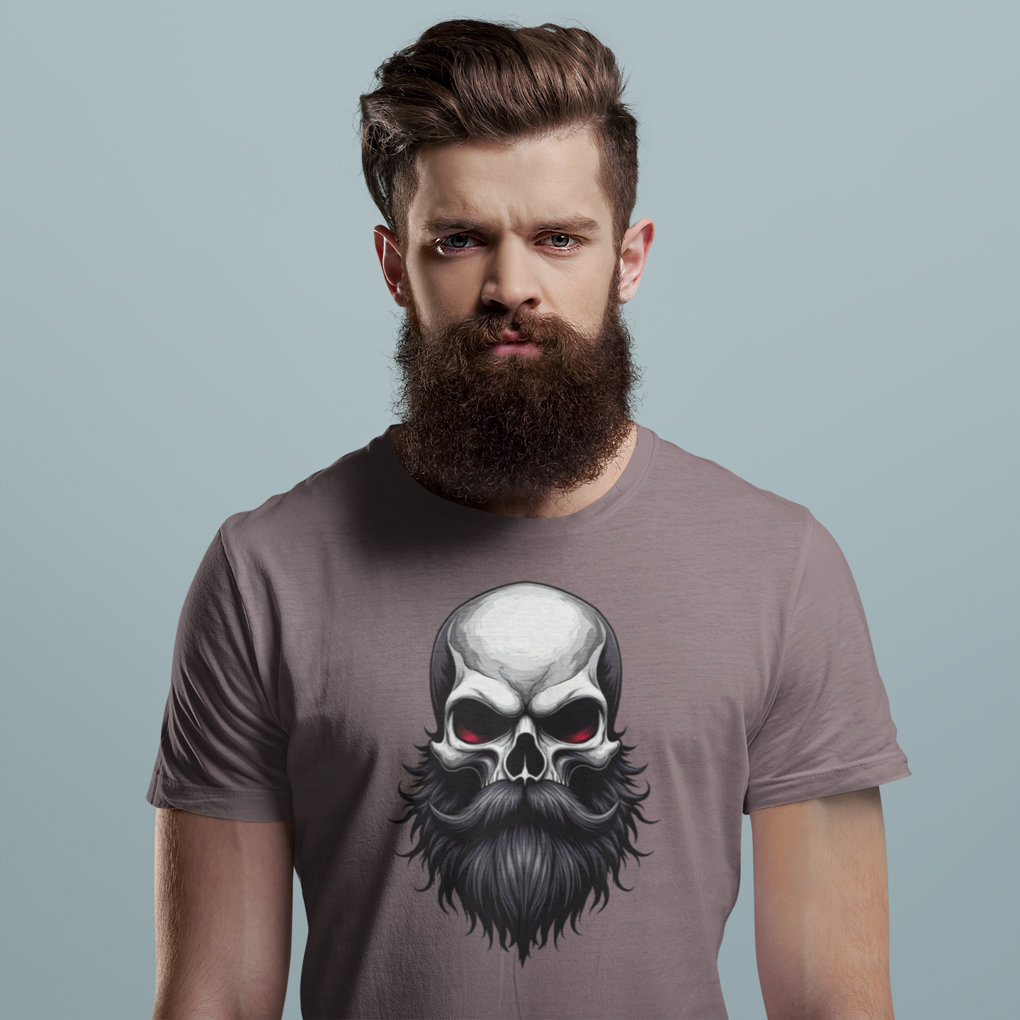 Bearded man wearing brown graphic t-shirt with intense skull and beard artwork for edgy beard culture