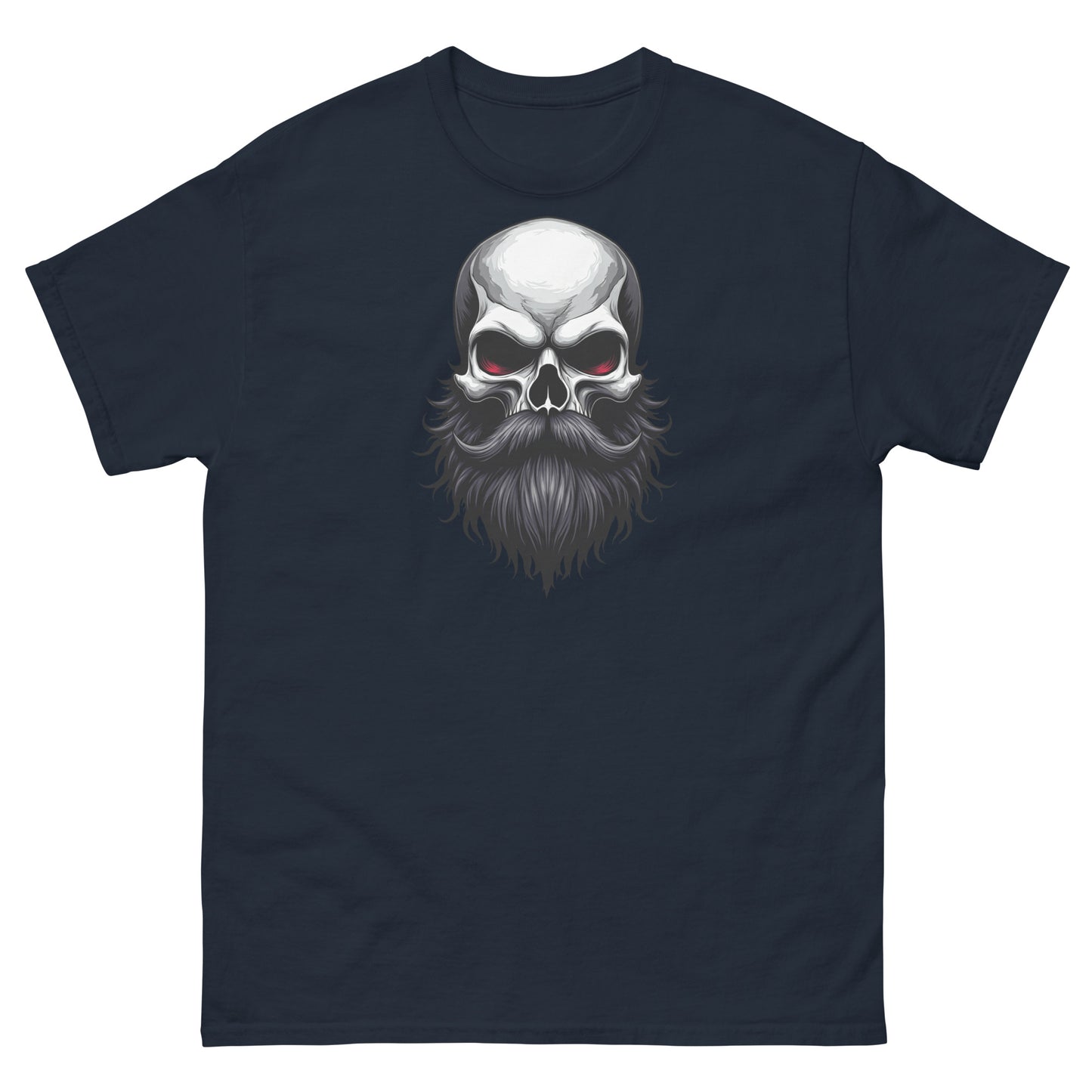 Navy beard lifestyle shirt featuring skull illustration with deep-set eyes and flowing beard