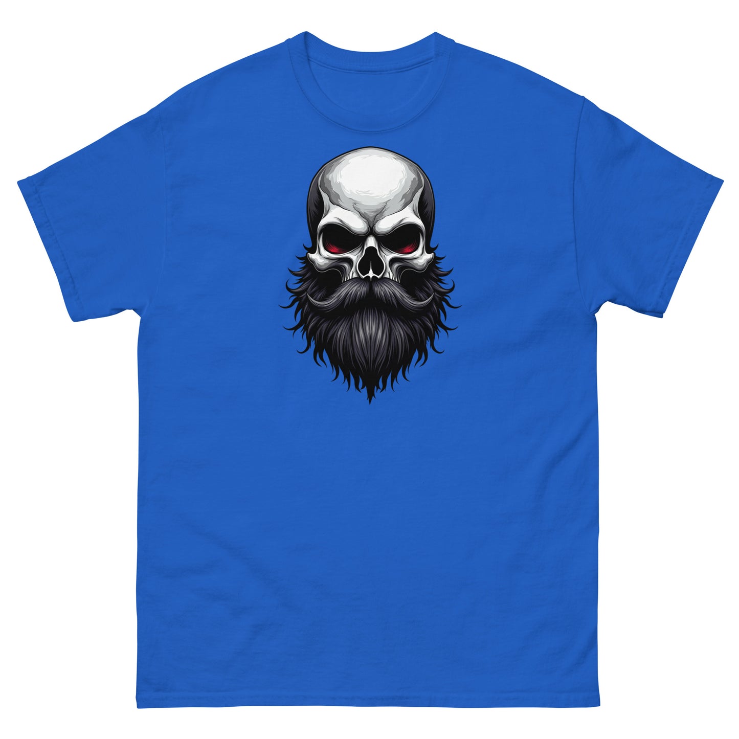 Royal blue graphic tee with skull beard artwork for barbershop, goth or beard lovers