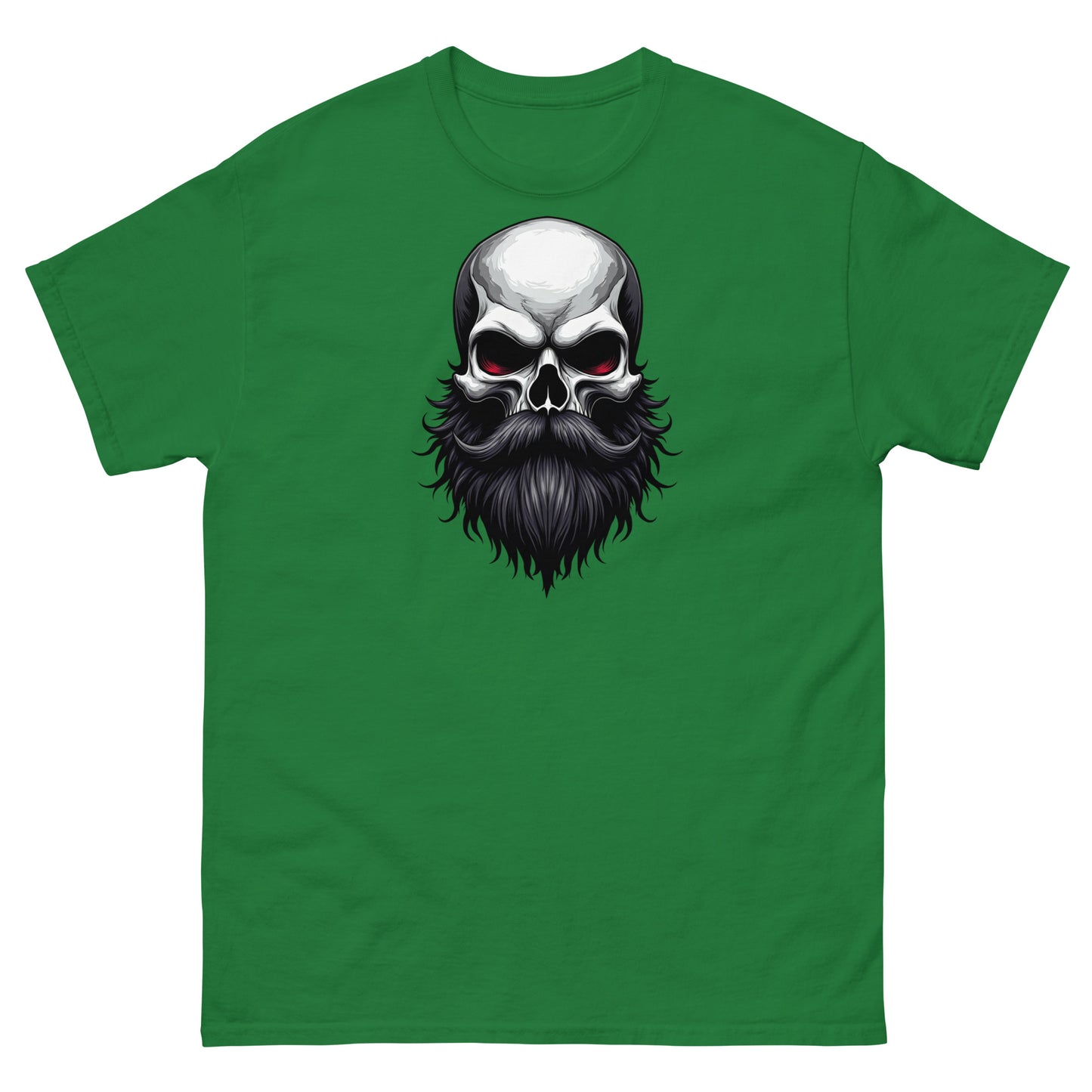 Turf green men’s graphic tee featuring intense beard and skull artwork with rugged aesthetic