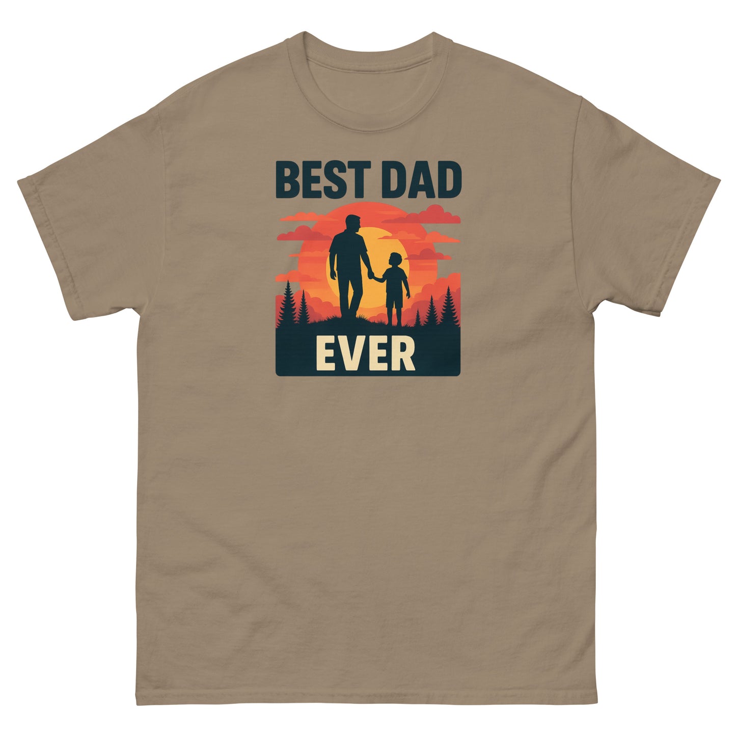Brown Savana men’s tee with “Best Dad Ever” sunset design and father-child silhouette