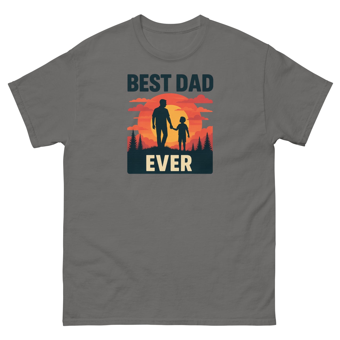 Charcoal grey t-shirt featuring “Best Dad Ever” design with sunset and father-son graphic