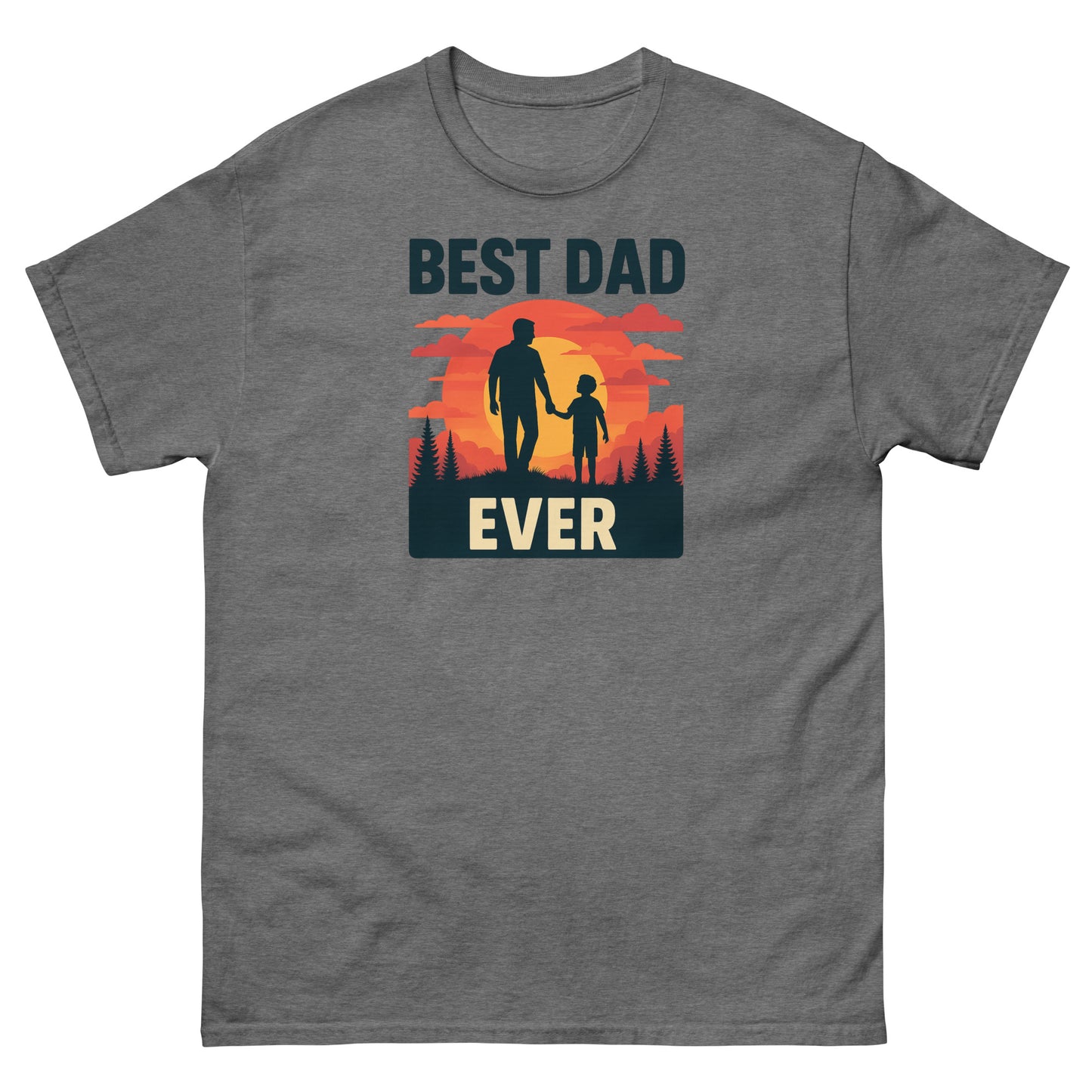 Graphite heather shirt with heartwarming Best Dad Ever graphic and retro fatherhood scene