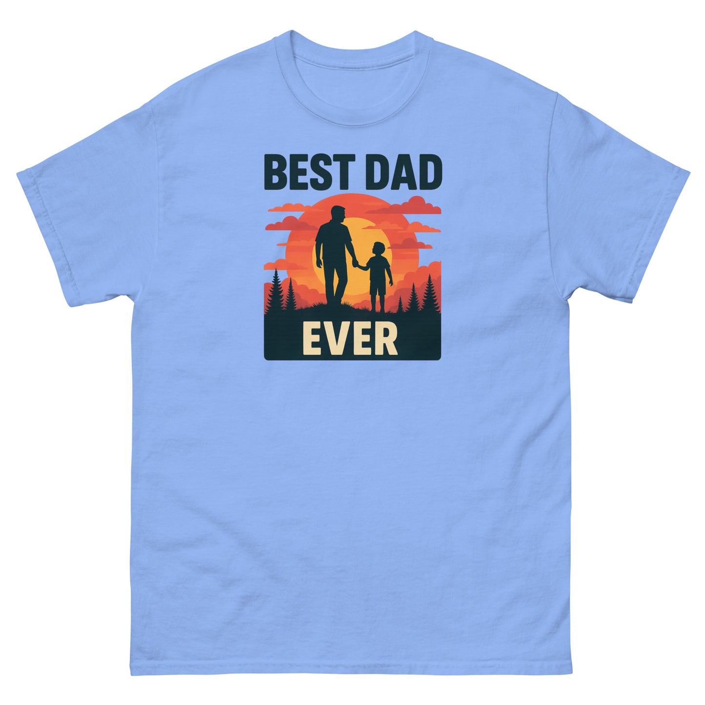 Light blue shirt with nostalgic Best Dad Ever message over bold sunset and forest scene