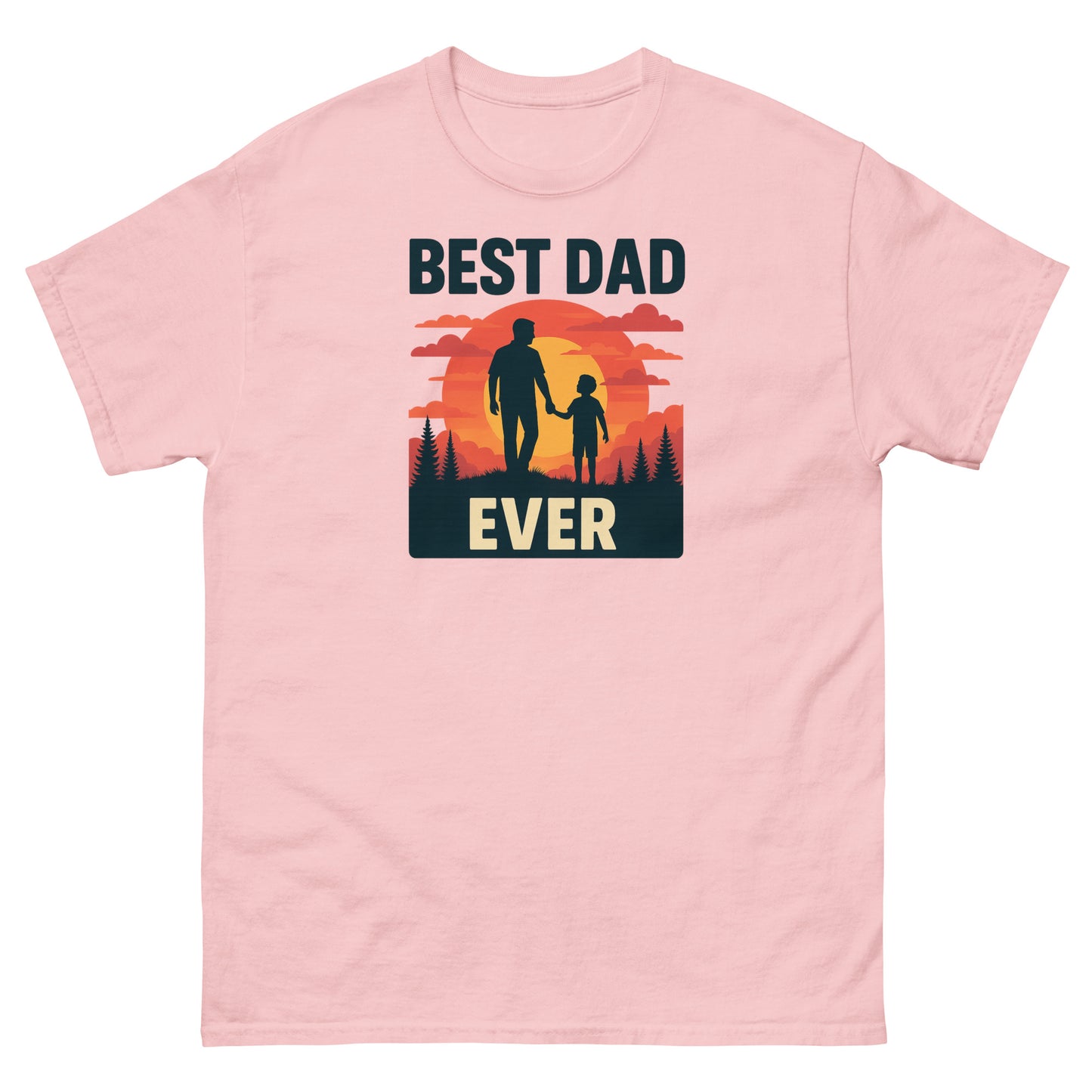 Light pink Best Dad Ever tee with warm sunset design and father-child silhouette