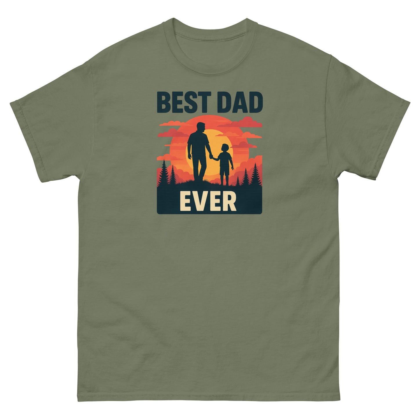 Military green fatherhood graphic tee with retro sunset and bold Best Dad Ever print