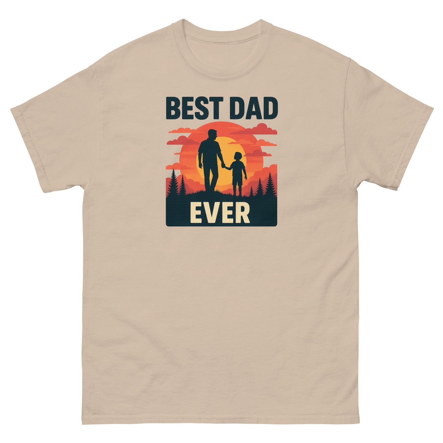 Sand-colored sentimental fatherhood t-shirt with retro sunset and proud dad graphic
