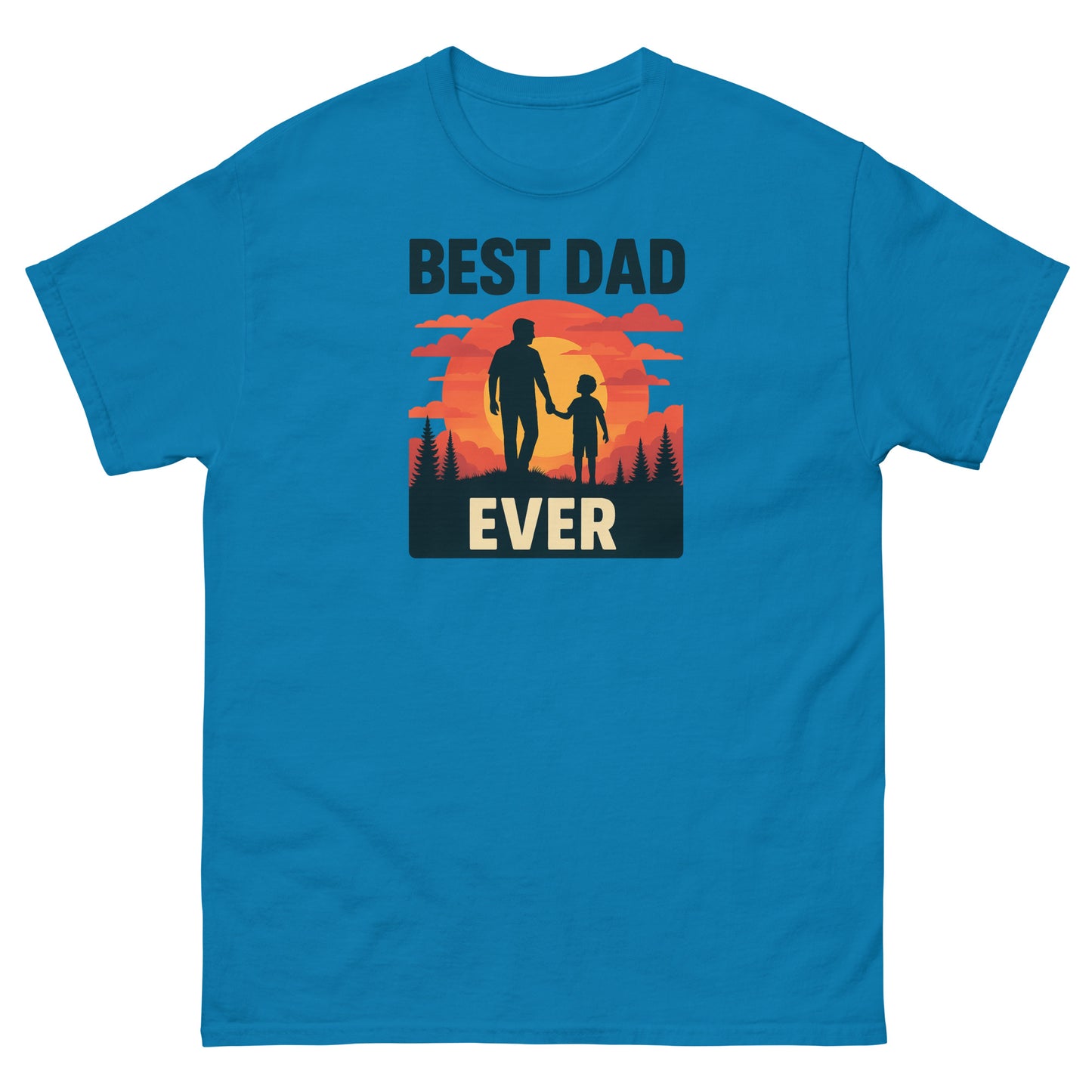 Sapphire blue dad shirt with sunset silhouette of father and child and “Best Dad Ever” text
