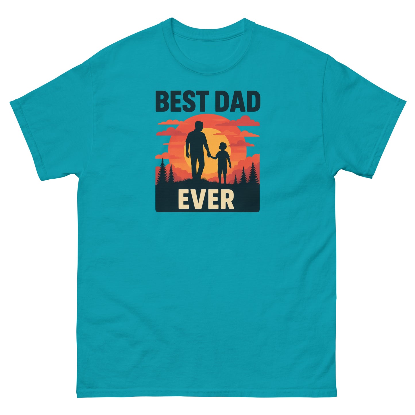Tropical blue Father’s Day t-shirt with dad and child walking into retro sunset design