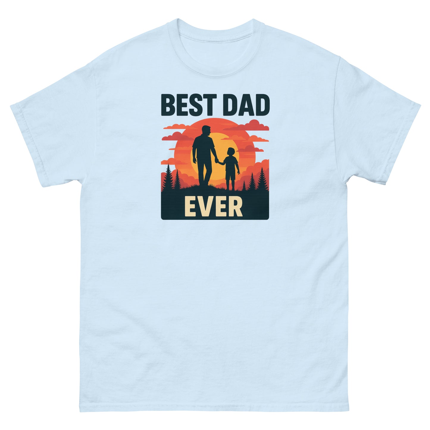 Light blue shirt with nostalgic Best Dad Ever message over bold sunset and forest scene