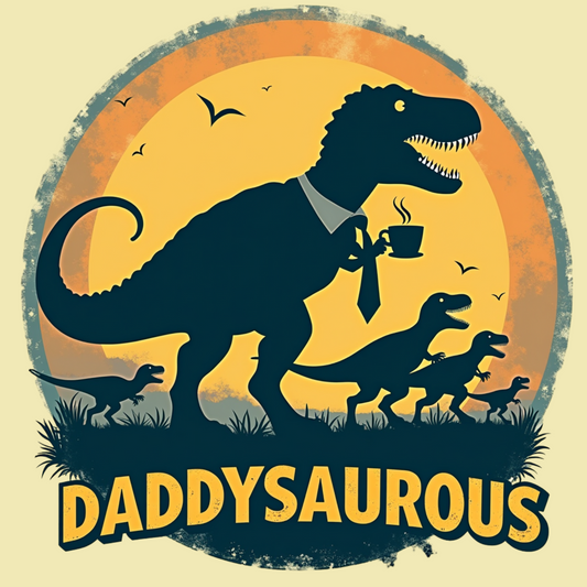 Close-up of retro Daddysaurous shirt graphic showing T-Rex dad with coffee and tie walking with dino kids