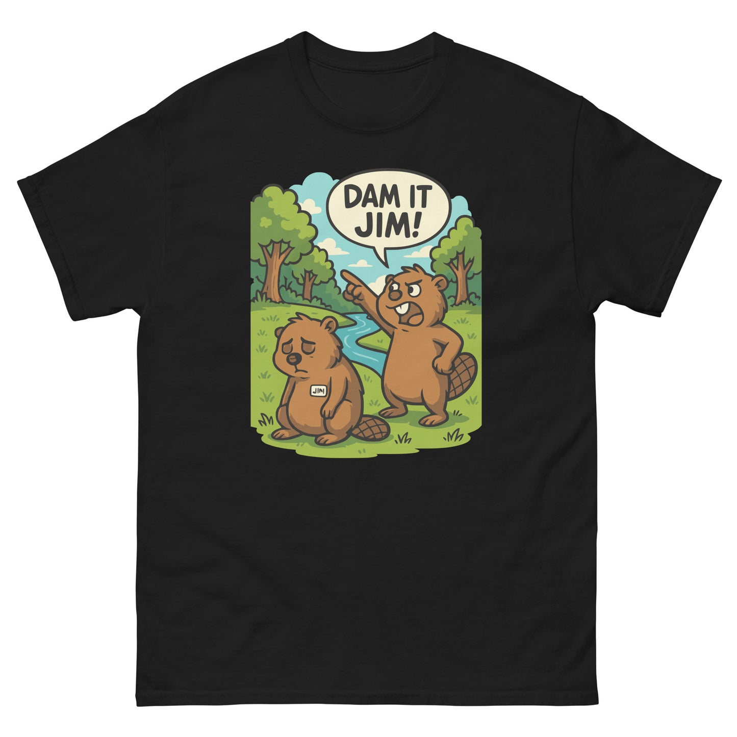 Black t-shirt with humorous beaver design featuring “Dam It Jim!” text for laughter and fun.