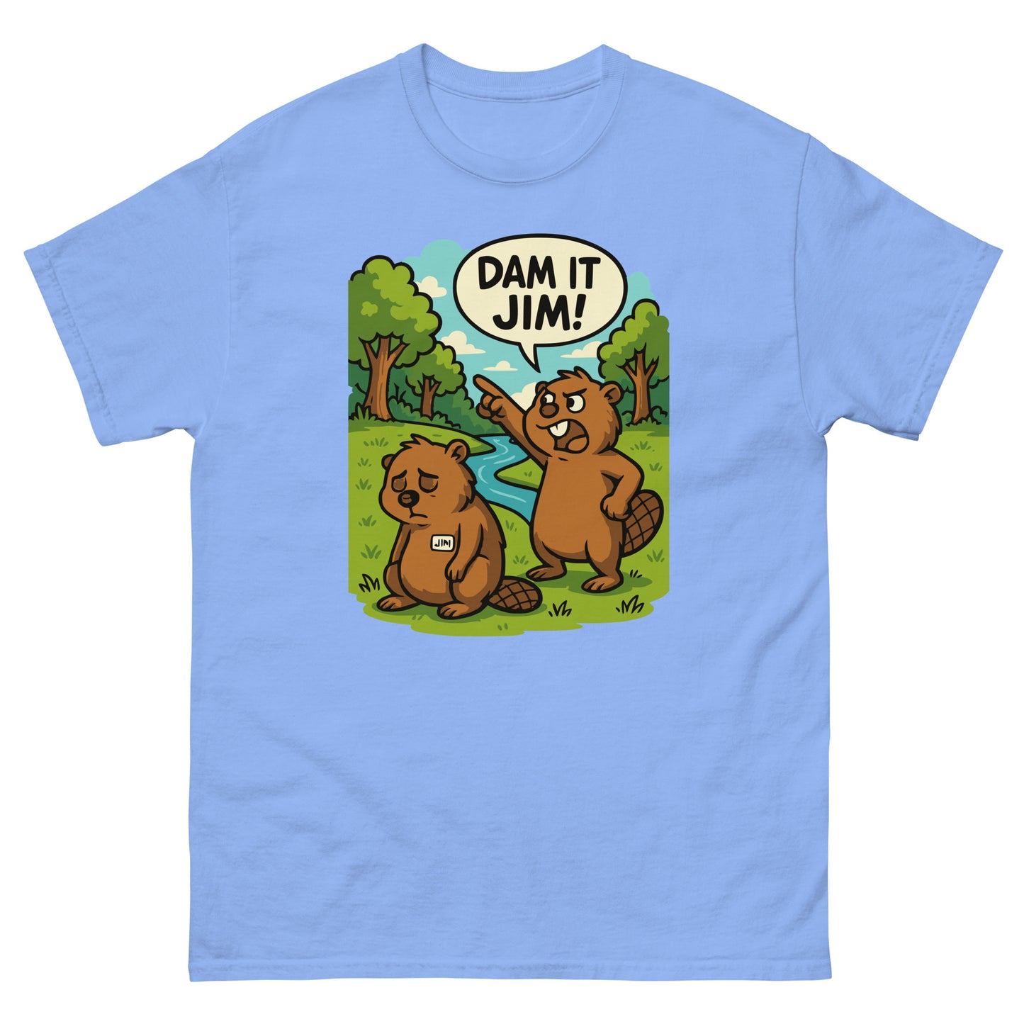 Carolina blue t-shirt with whimsical “Dam It Jim!” beaver pun graphic.