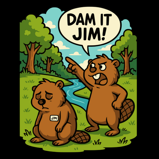 Close-up of funny beaver t-shirt design with “Dam It Jim!” pun in bright, playful colors.