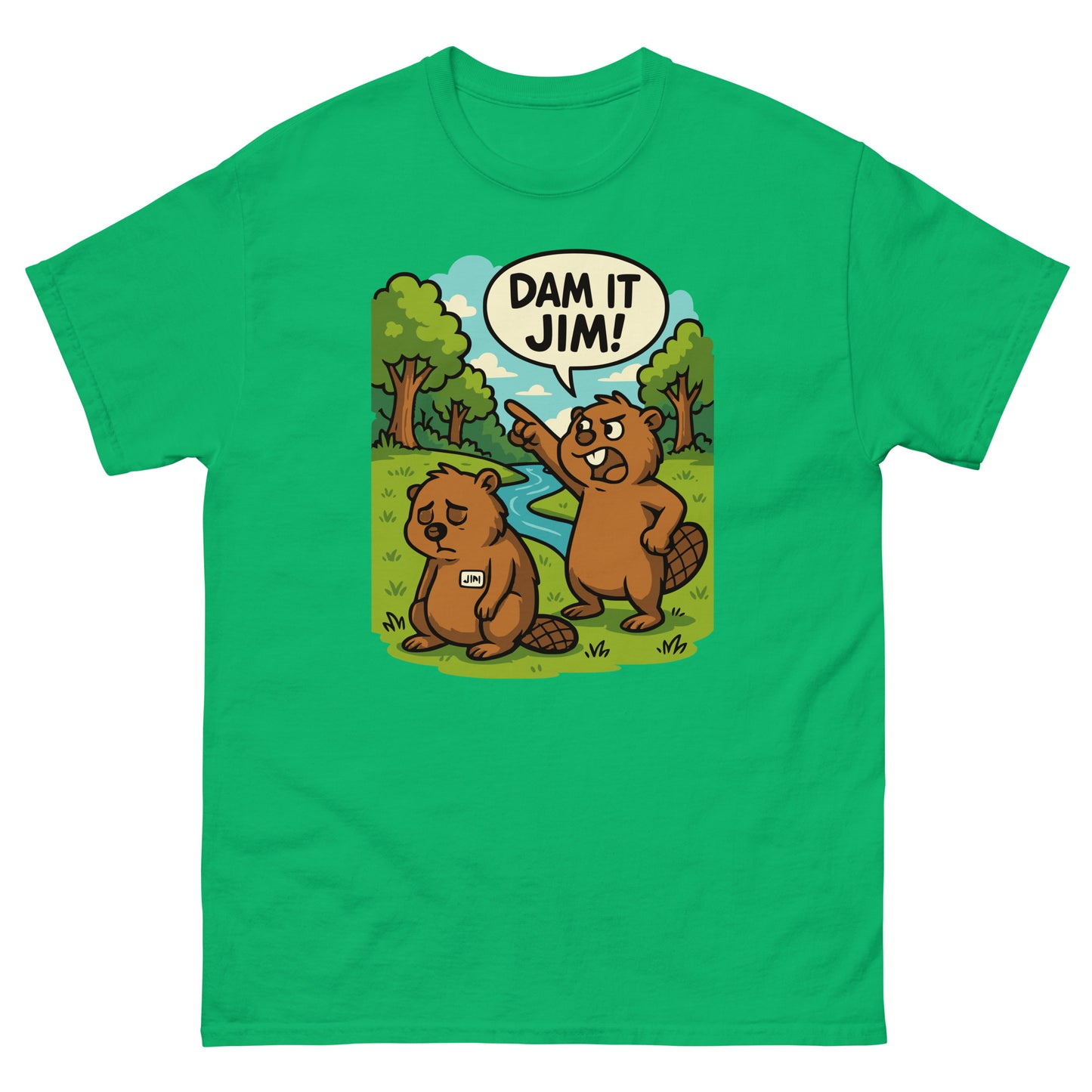 Irish green t-shirt featuring beaver pun design, “Dam It Jim!” text.