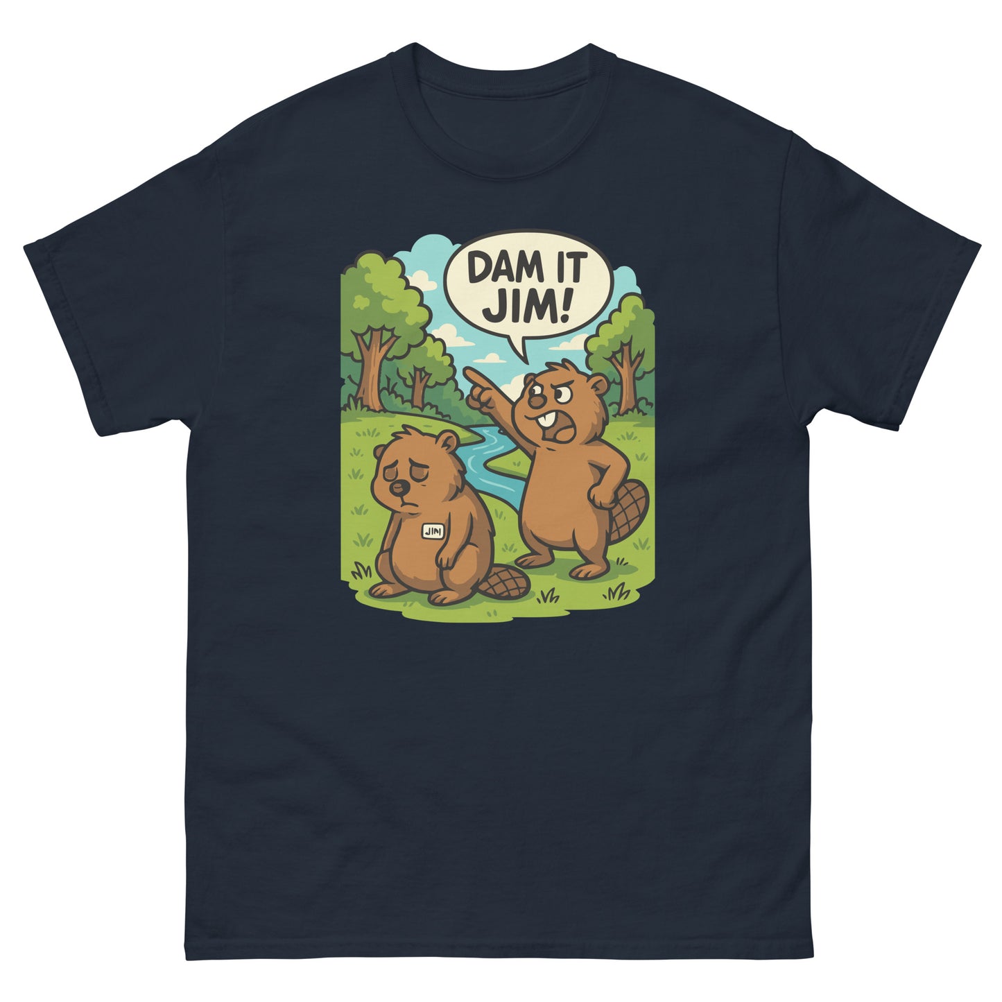 Navy blue t-shirt with sarcastic beaver pun design, “Dam It Jim!” graphic.