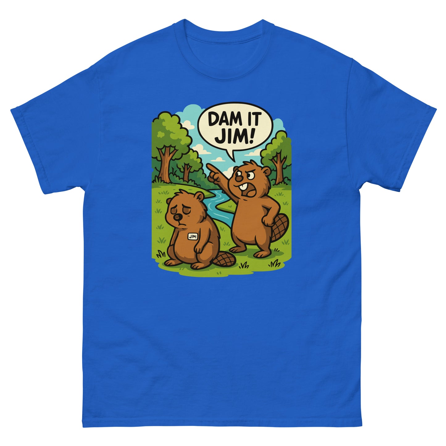 Royal blue t-shirt with bright beaver design and “Dam It Jim!” text for humorous effect.