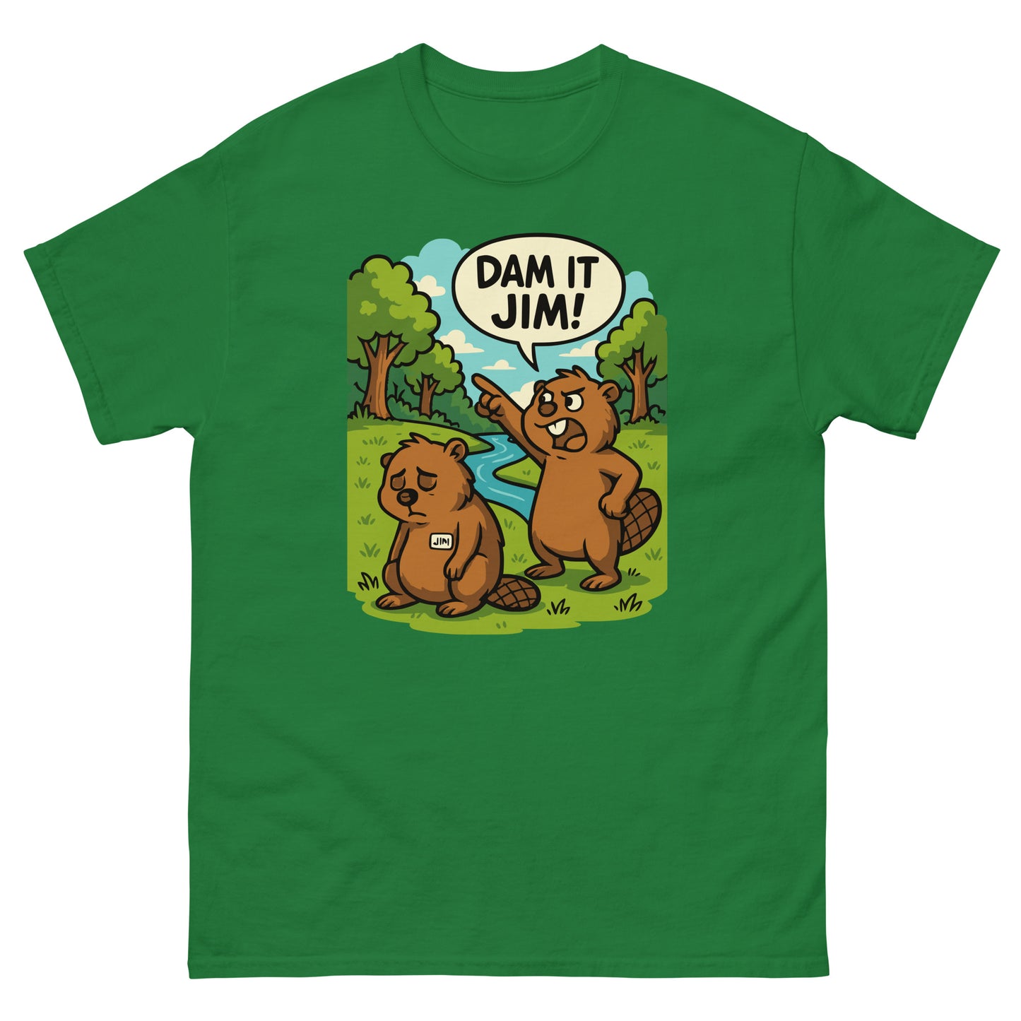 Turf green t-shirt featuring funny beaver design with “Dam It Jim!” slogan.