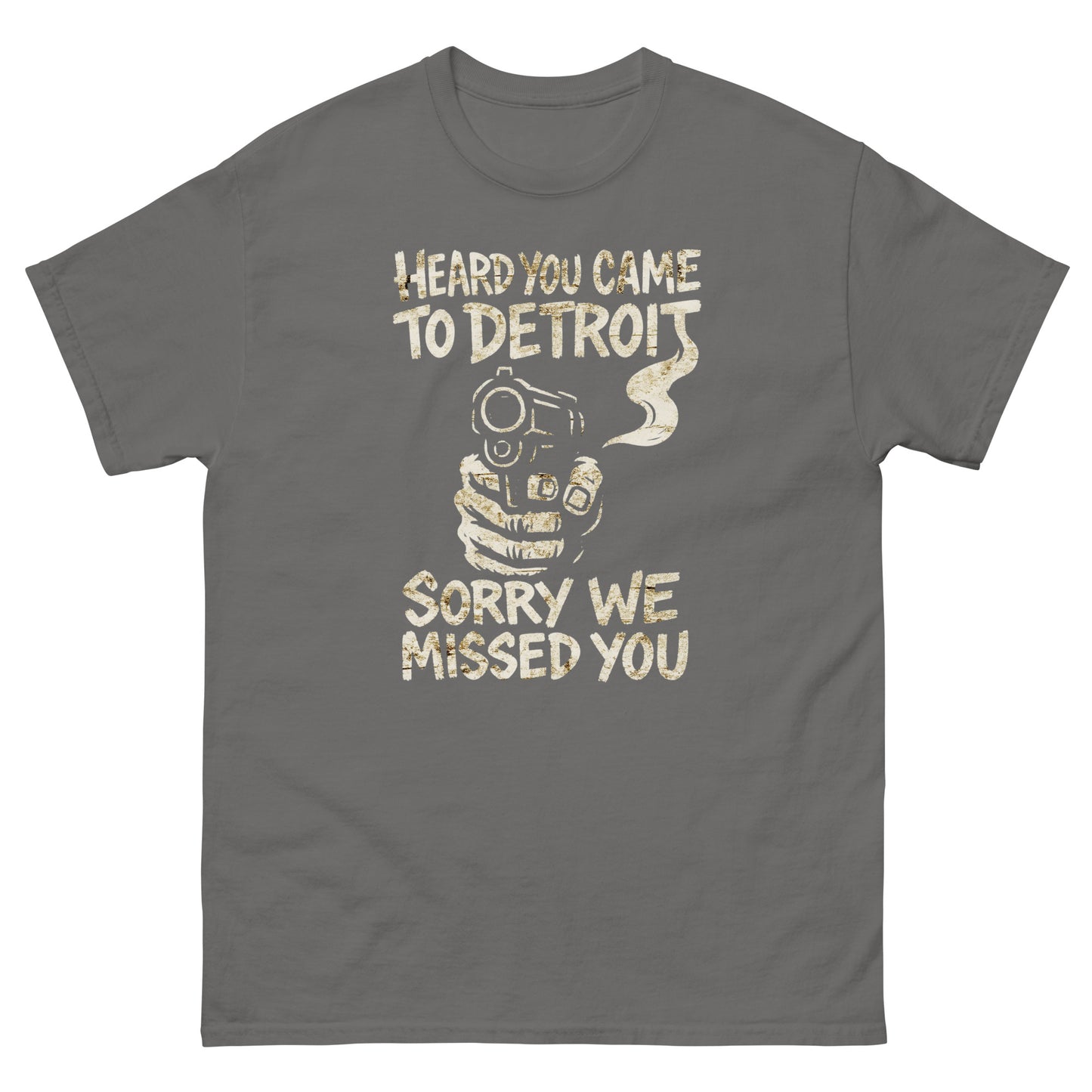 Charcoal gray Motor City attitude t-shirt with iconic Detroit slogan design