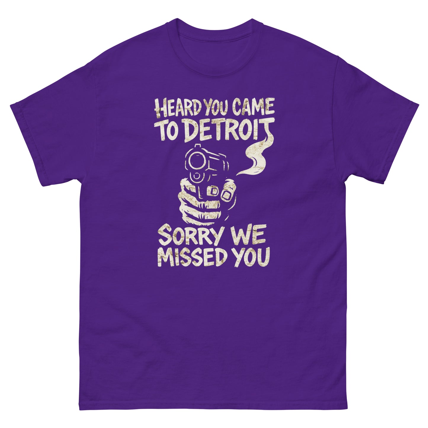 Purple Detroit graphic tee featuring edgy "Heard You Came to Detroit" slogan