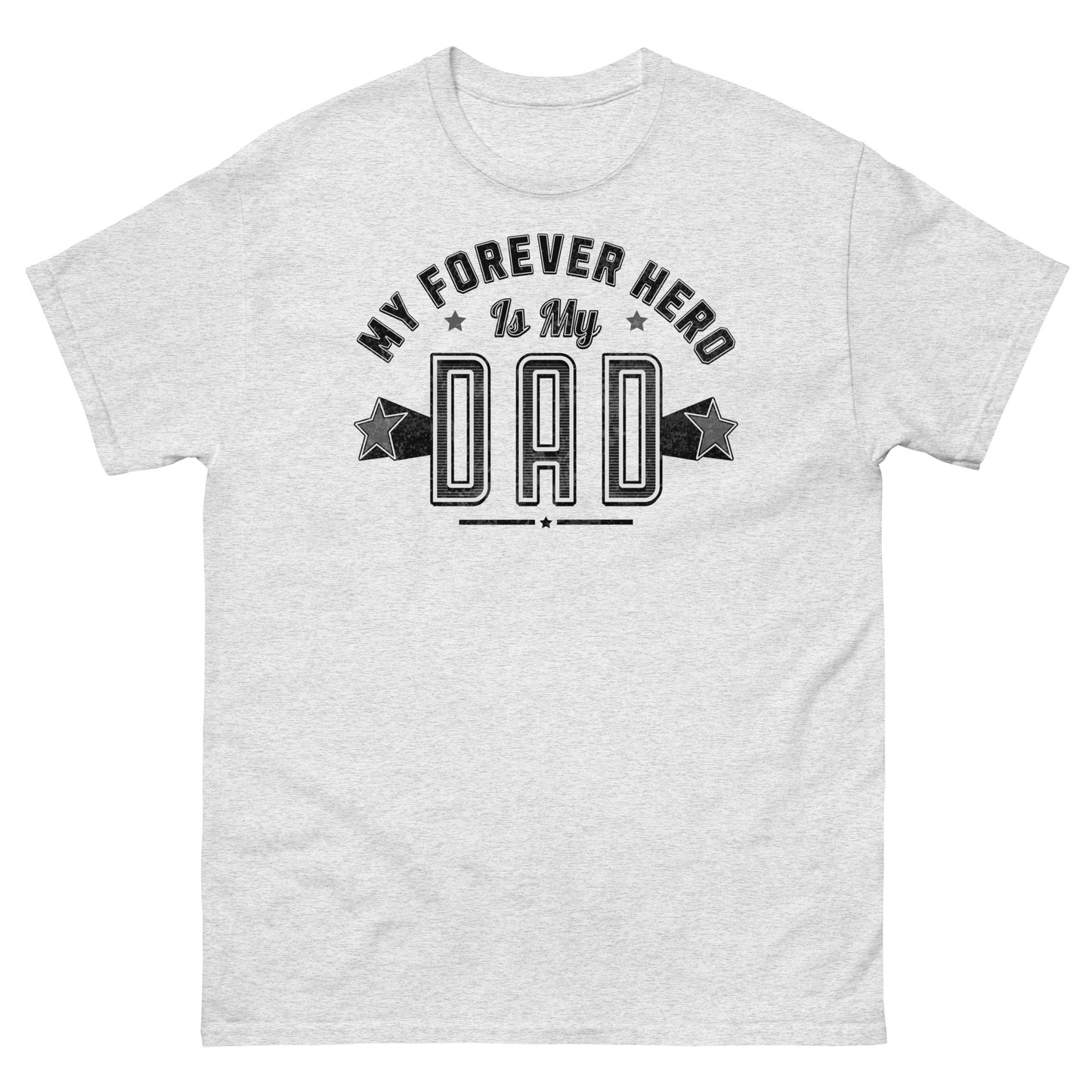 Ash gray gift shirt with black “Forever Hero” lettering and simple Father’s Day tribute