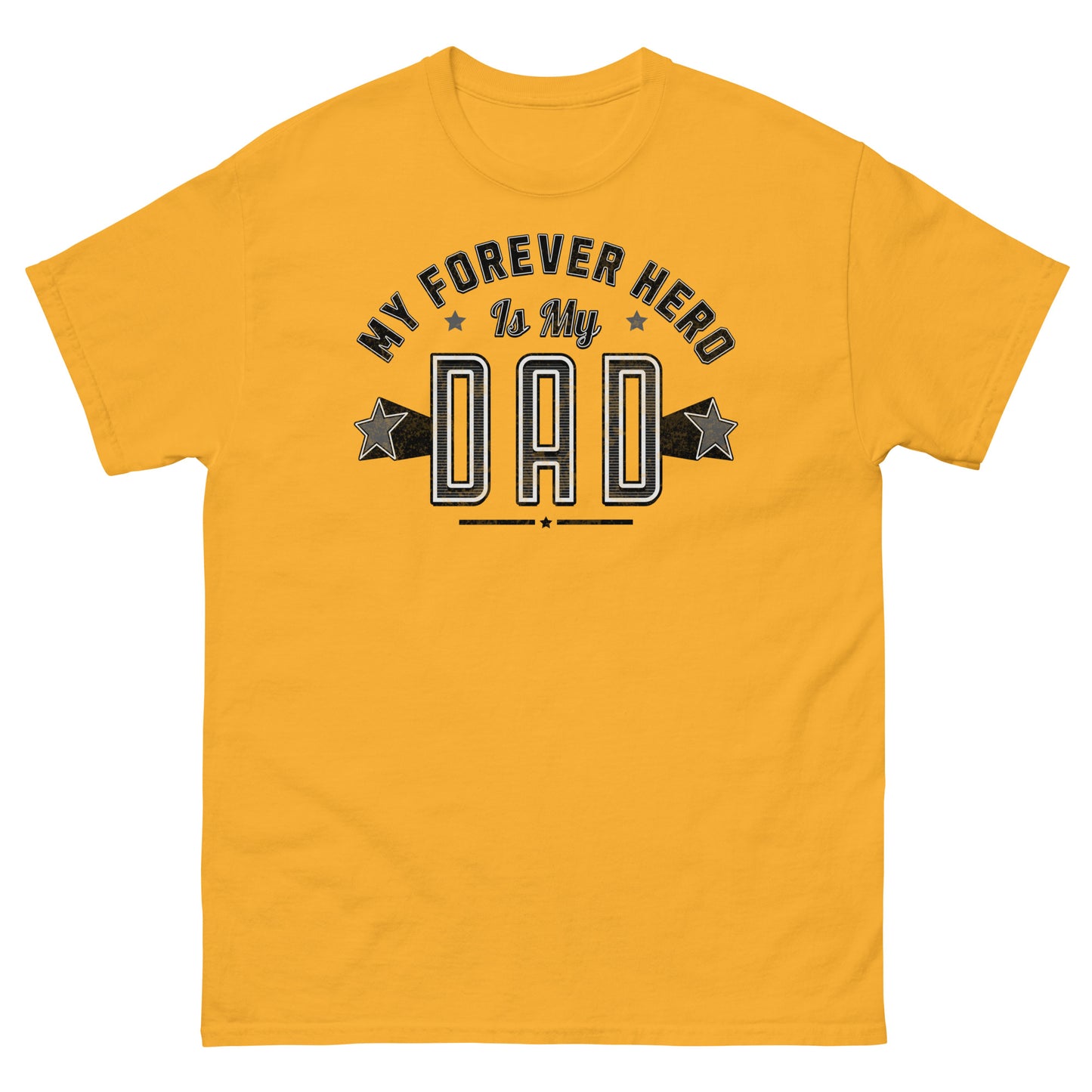 Gold tribute shirt with bold black “Forever Hero” dad graphic perfect for Father’s Day