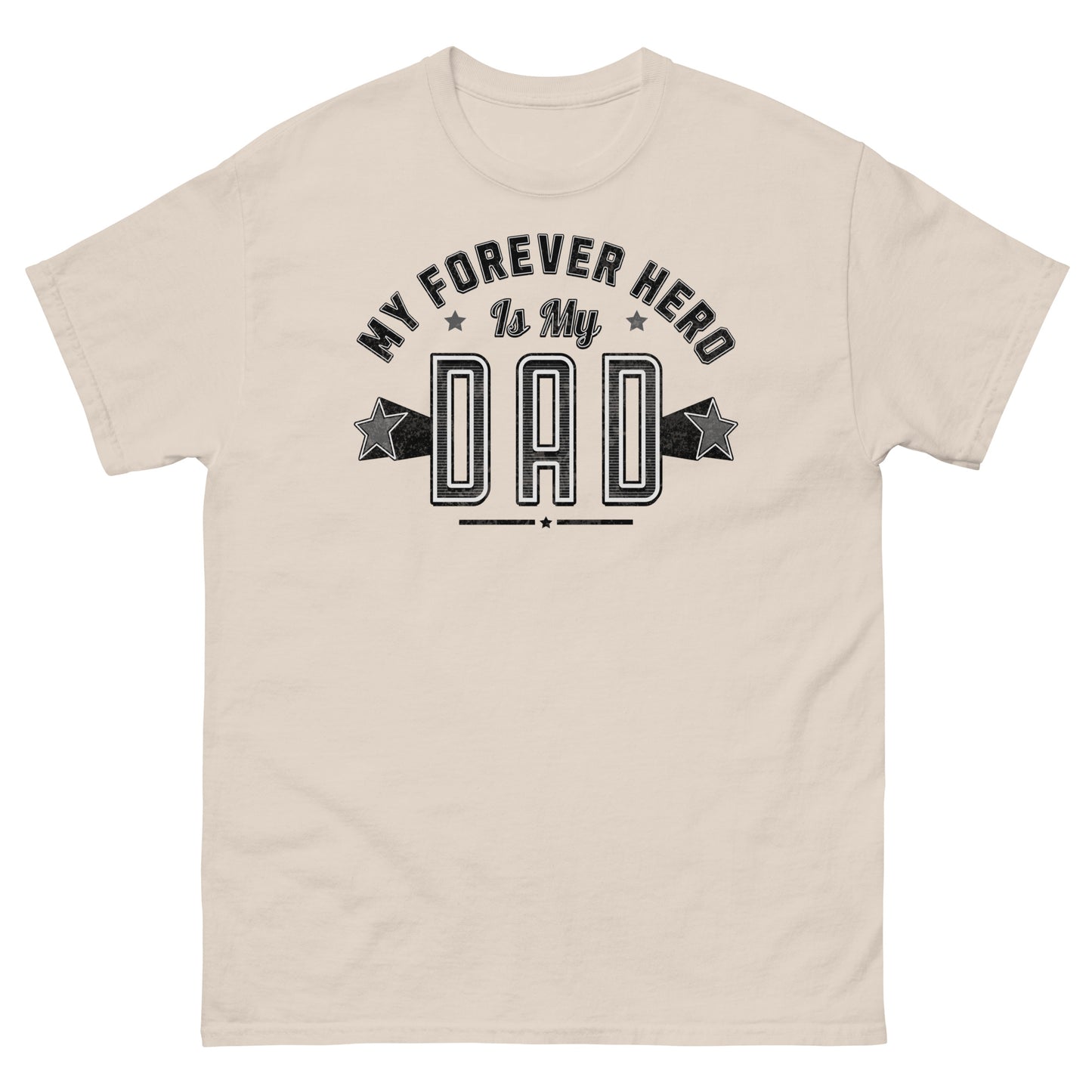 Natural tribute tee with retro-style “Forever Hero” message to honor dads