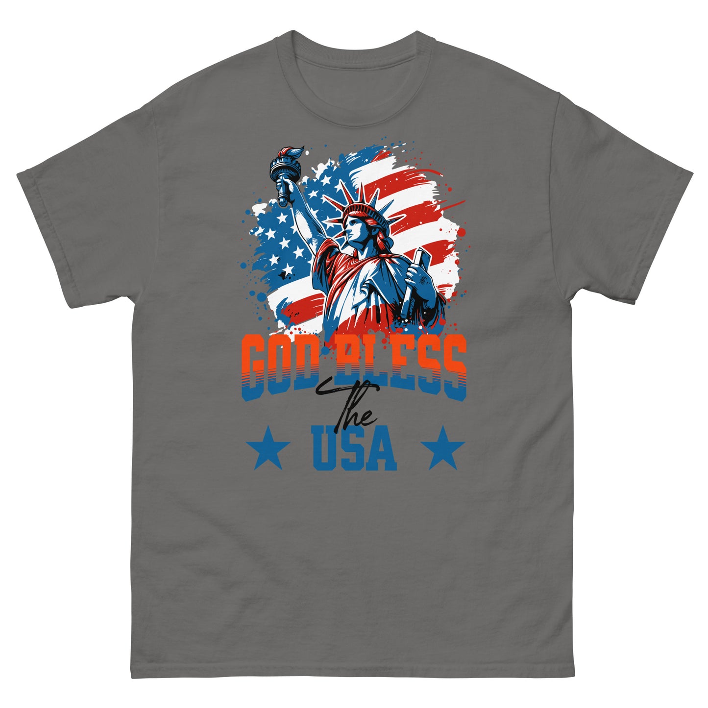 Charcoal Christian liberty shirt with bold patriotic graphics and red white blue theme