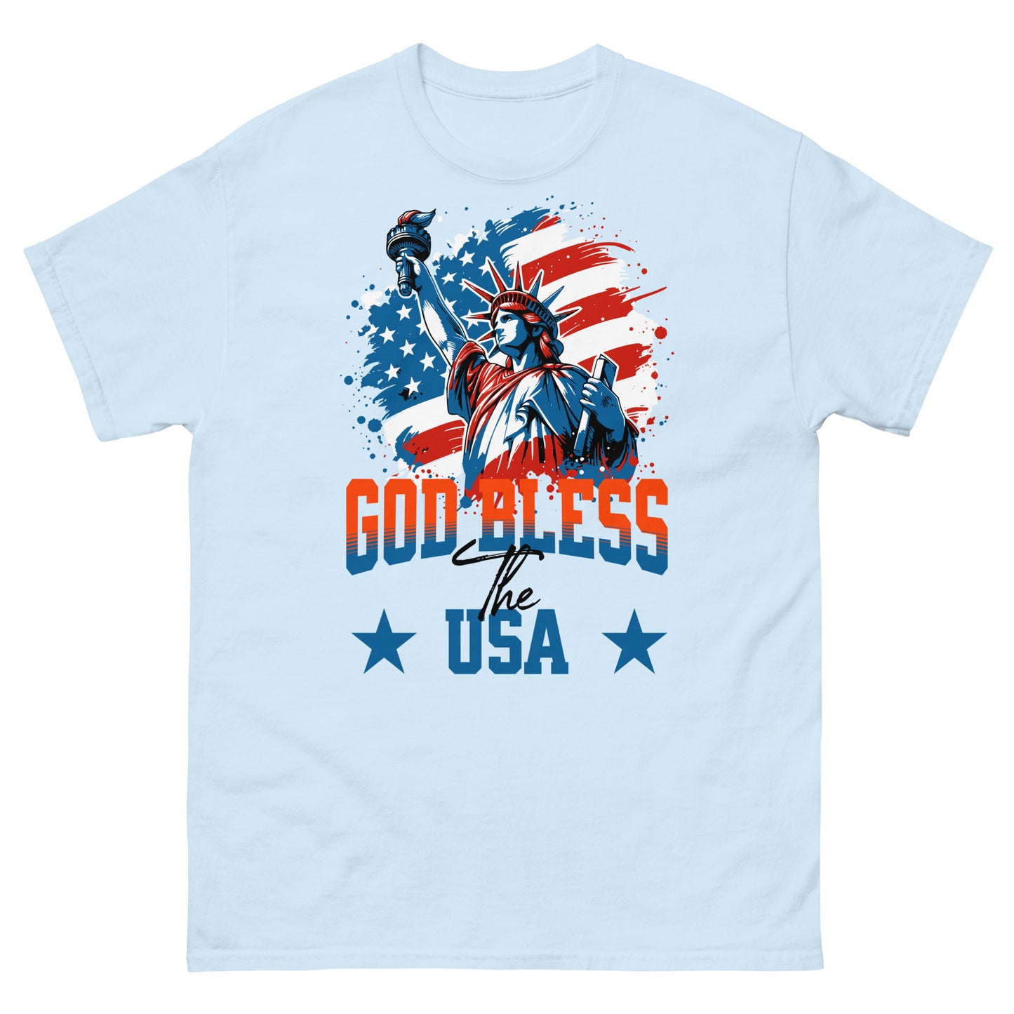 Light blue USA pride t-shirt with faith and flag themed design featuring Lady Liberty