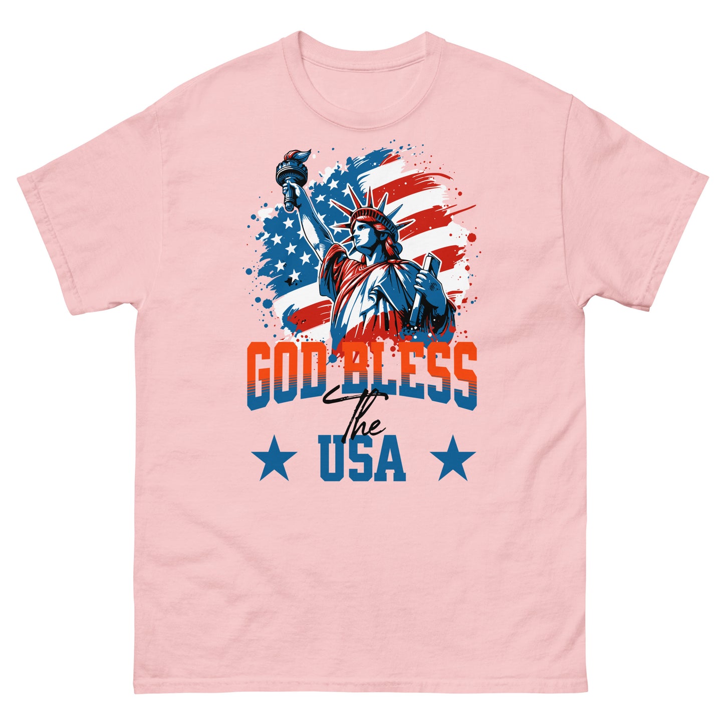 Light pink patriotic shirt with Liberty holding torch and “God Bless the USA” message
