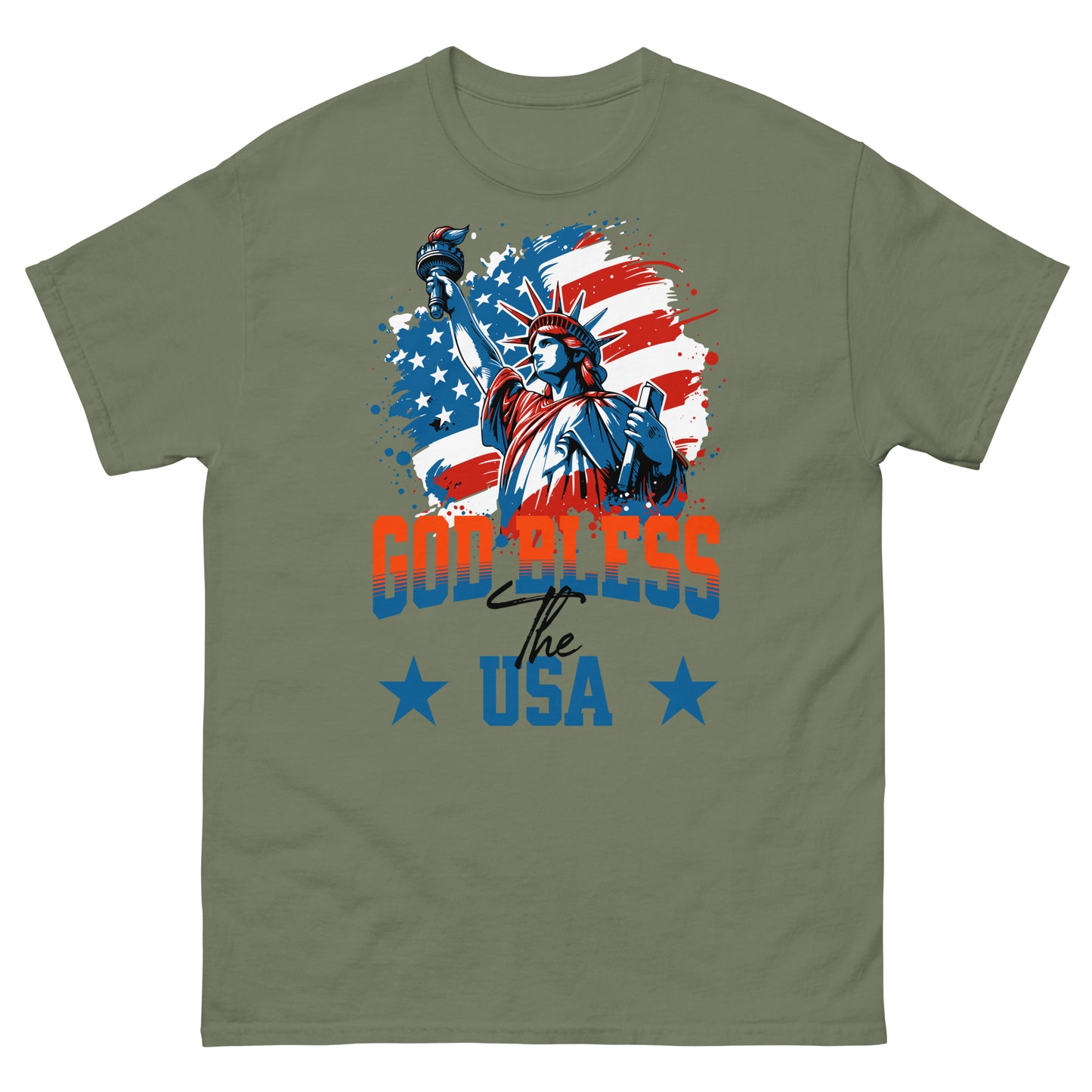 Military green God Bless the USA shirt for patriotic Christians and freedom lovers